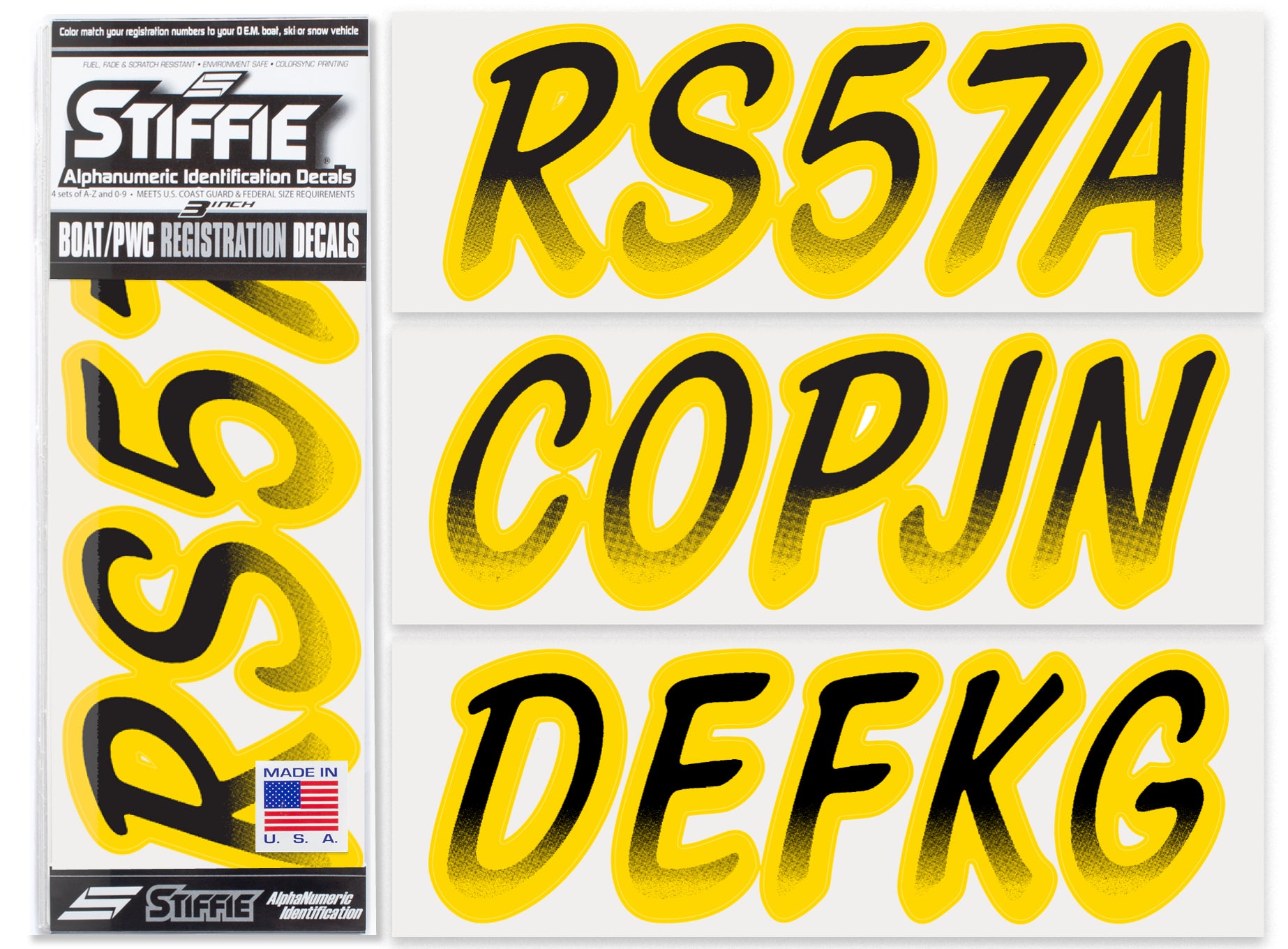 STIFFIE Whipline Black/Yellow 3" Alpha-Numeric Registration Identification Numbers Stickers Decals for Boats & Personal Watercraft
