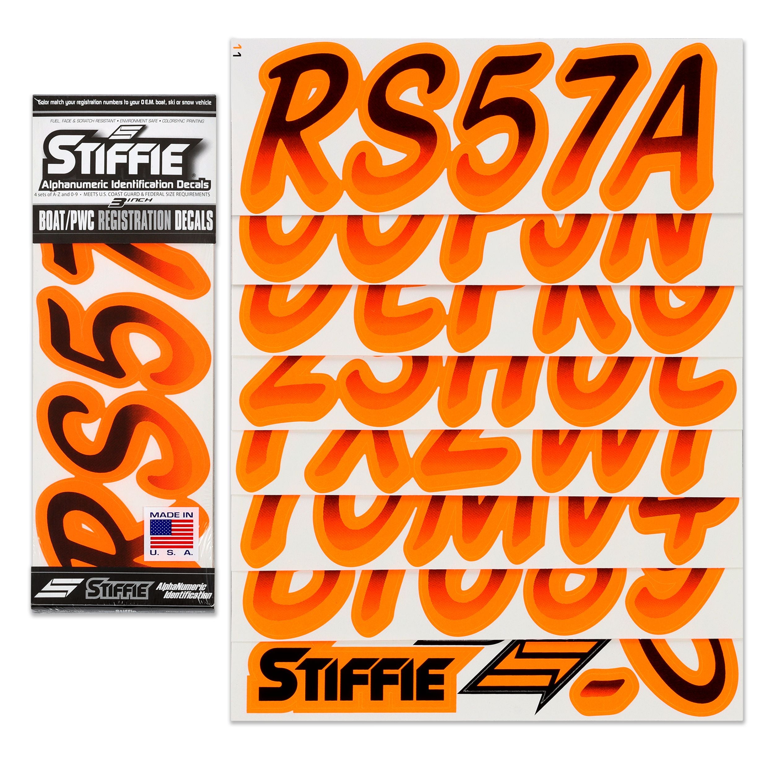 STIFFIE Whipline Black/Electric Orange 3" Alpha-Numeric Registration Identification Numbers Stickers Decals for Boats & Personal Watercraft