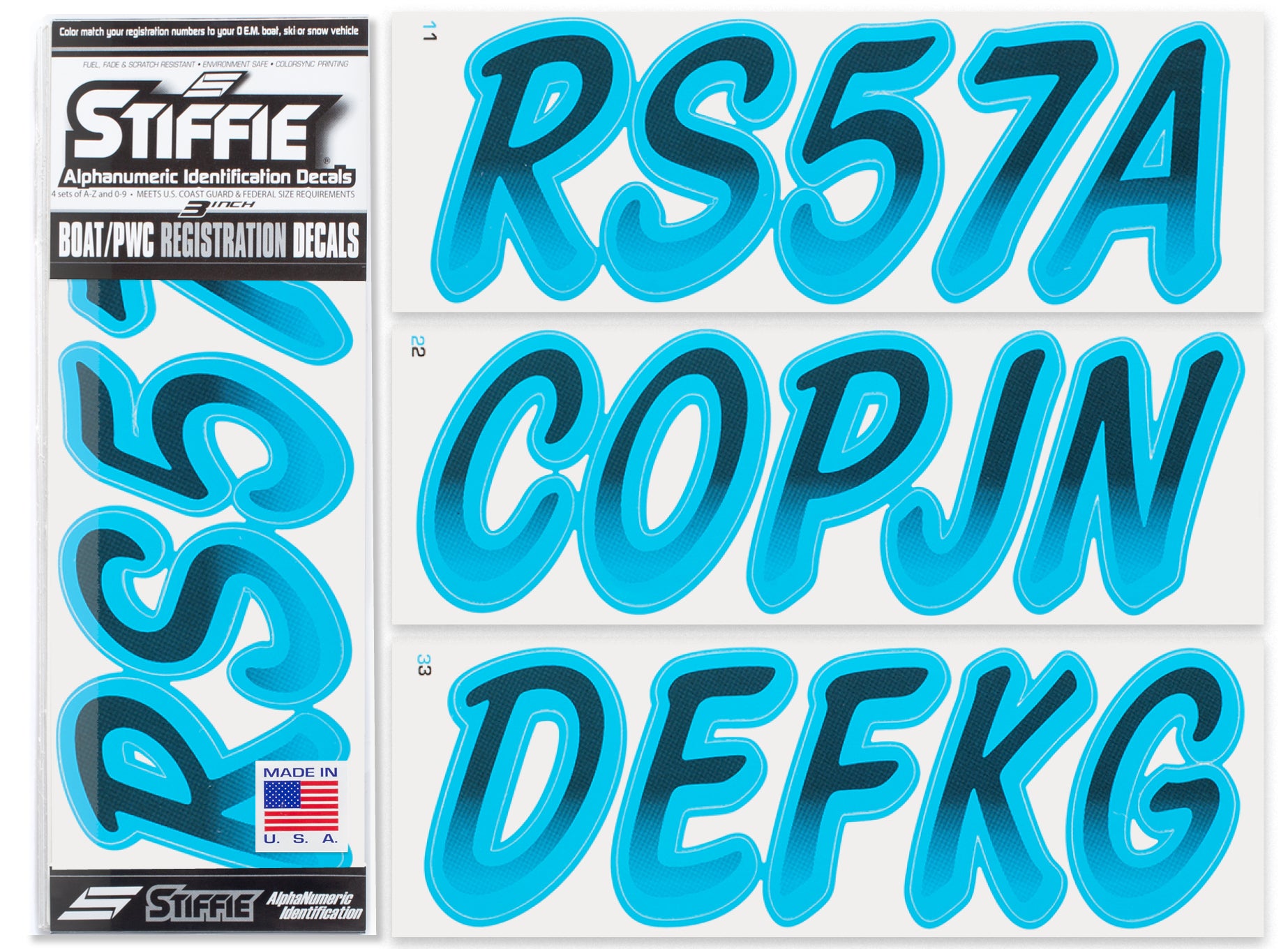 STIFFIE Whipline Black/Sky Blue 3" Alpha-Numeric Registration Identification Numbers Stickers Decals for Boats & Personal Watercraft: Matches Sea-Doo 2016+ GTX LTD 300, 215, is 260, 230