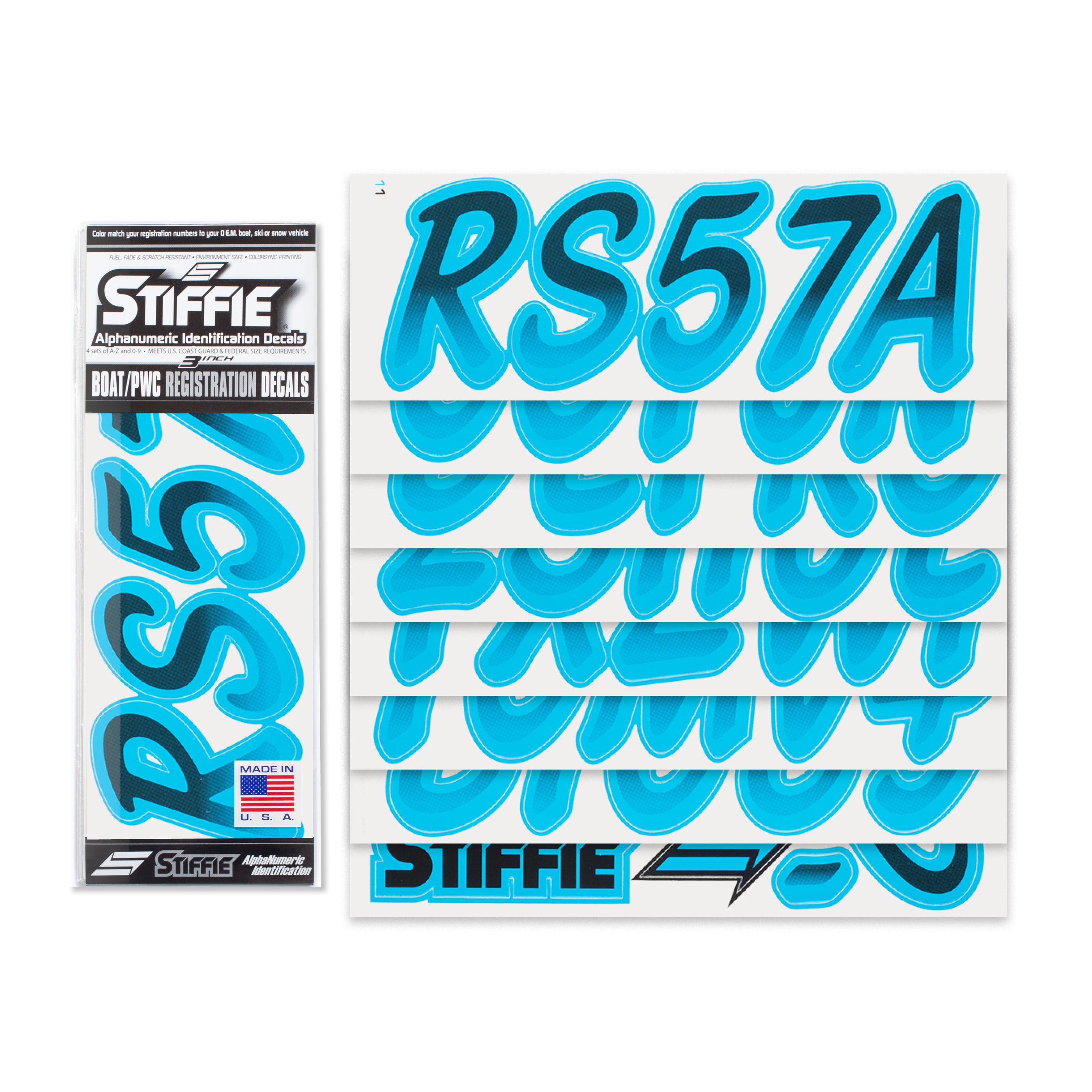 STIFFIE Whipline Black/Sky Blue 3" Alpha-Numeric Registration Identification Numbers Stickers Decals for Boats & Personal Watercraft: Matches Sea-Doo 2016+ GTX LTD 300, 215, is 260, 230