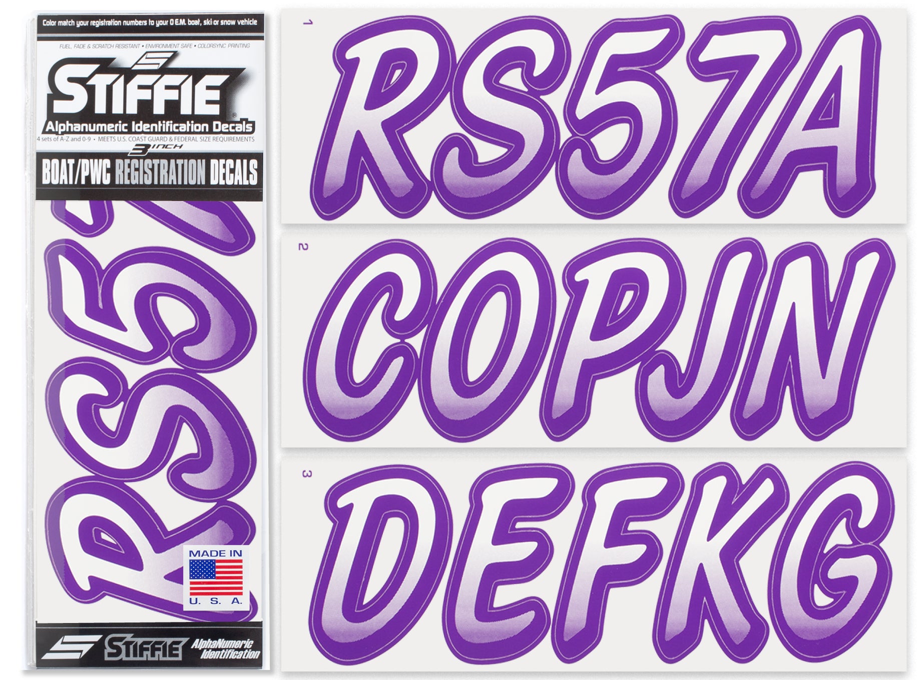 STIFFIE Whipline White/Purple 3" Alpha-Numeric Registration Identification Numbers Stickers Decals for Boats & Personal Watercraft