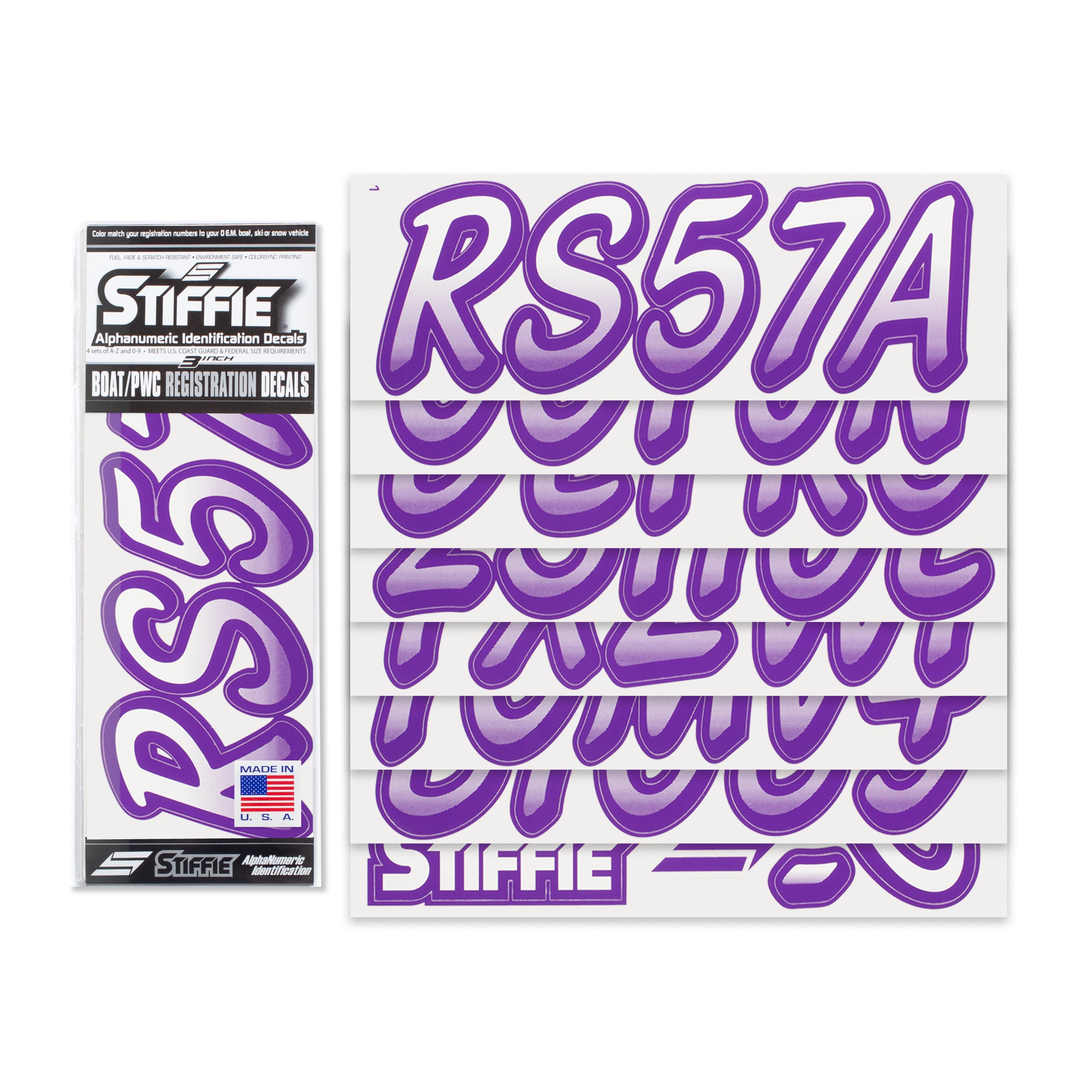 STIFFIE Whipline White/Purple 3" Alpha-Numeric Registration Identification Numbers Stickers Decals for Boats & Personal Watercraft