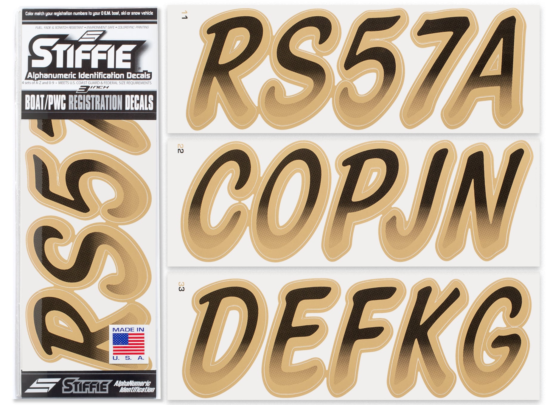 STIFFIE Whipline Black/Tan 3" Alpha-Numeric Registration Identification Numbers Stickers Decals for Boats & Personal Watercraft