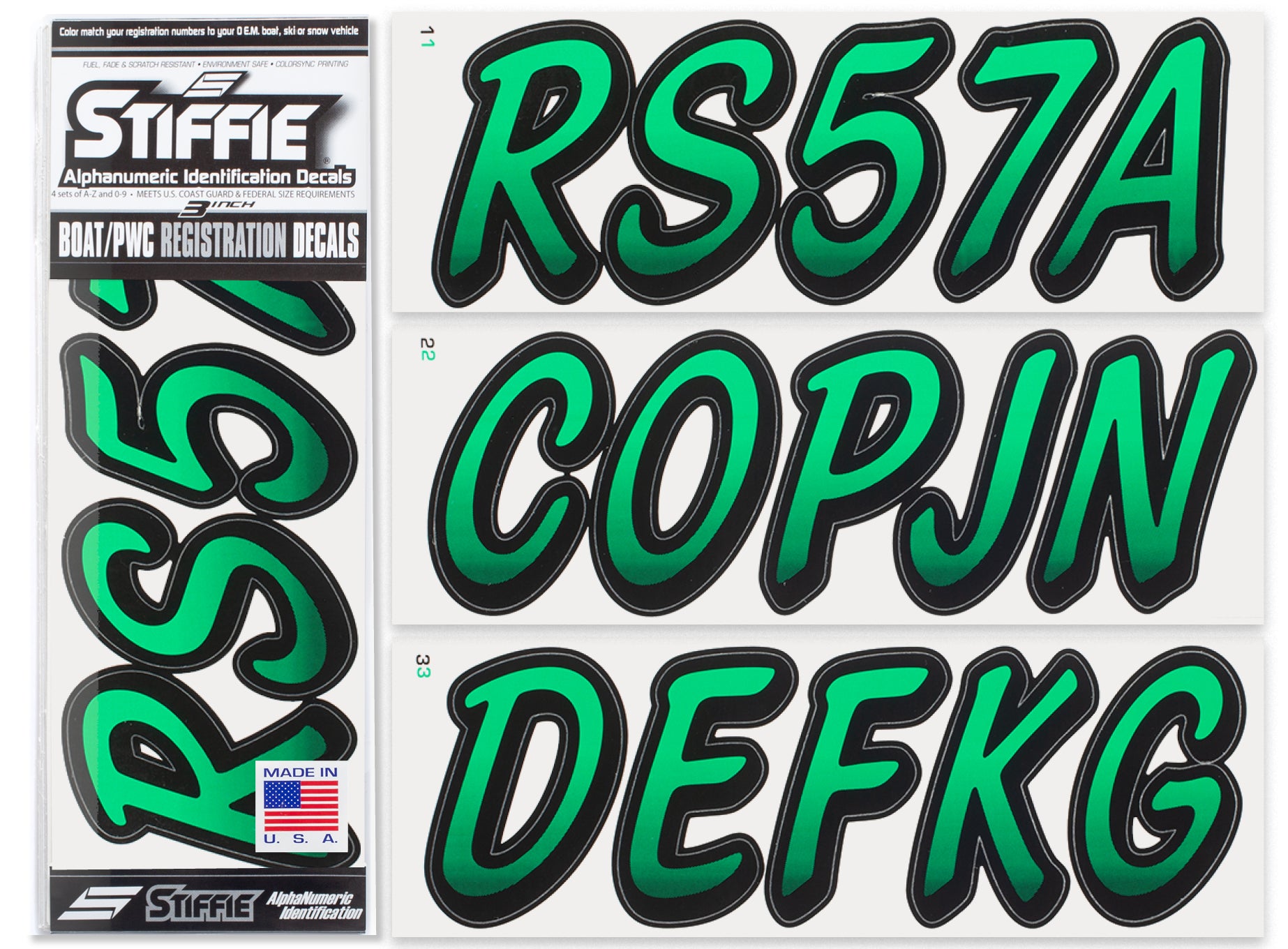 STIFFIE Whipline Seafoam Green / Black 3" Alpha-Numeric Registration Identification Numbers Stickers Decals for Boats & Personal Watercraft