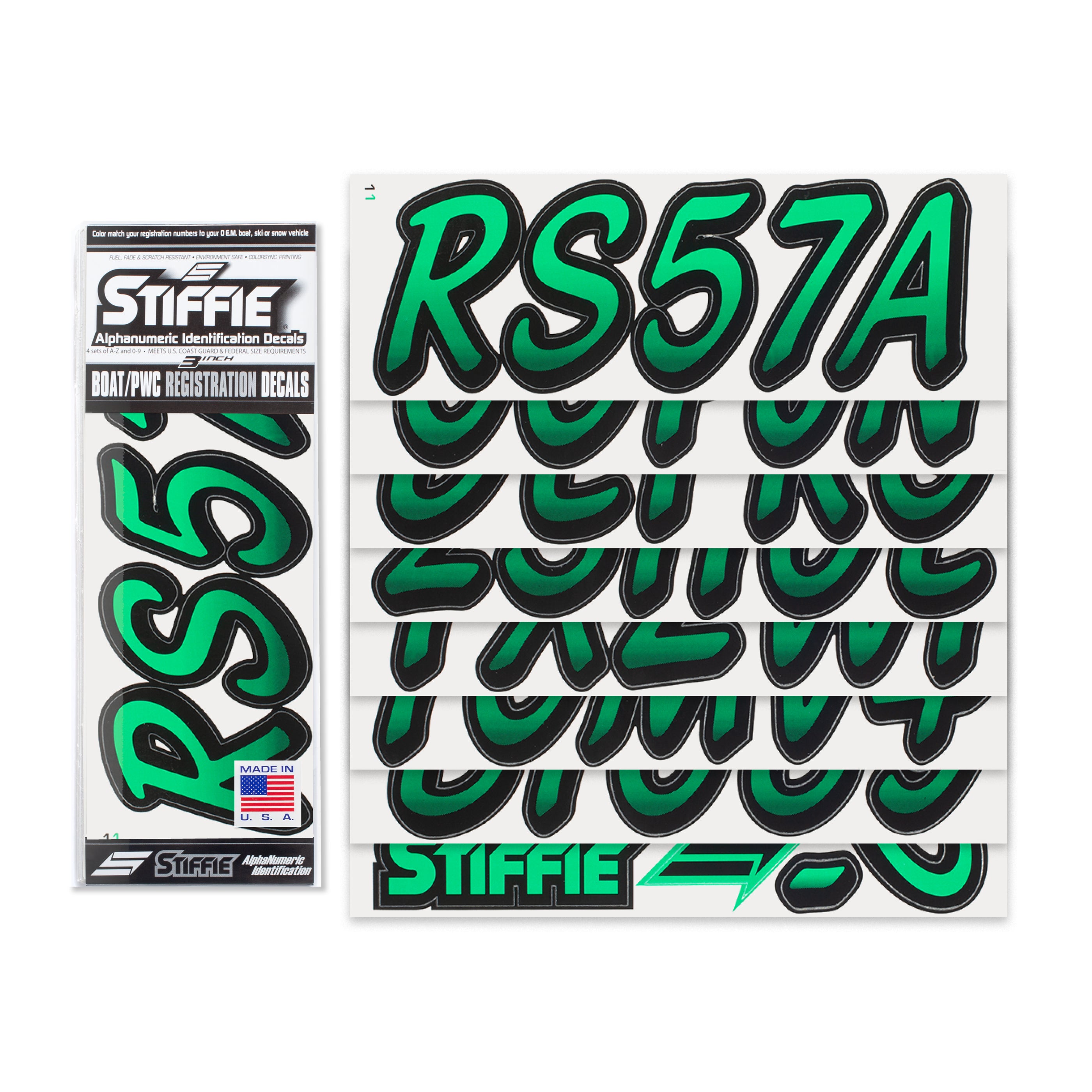 STIFFIE Whipline Seafoam Green / Black 3" Alpha-Numeric Registration Identification Numbers Stickers Decals for Boats & Personal Watercraft