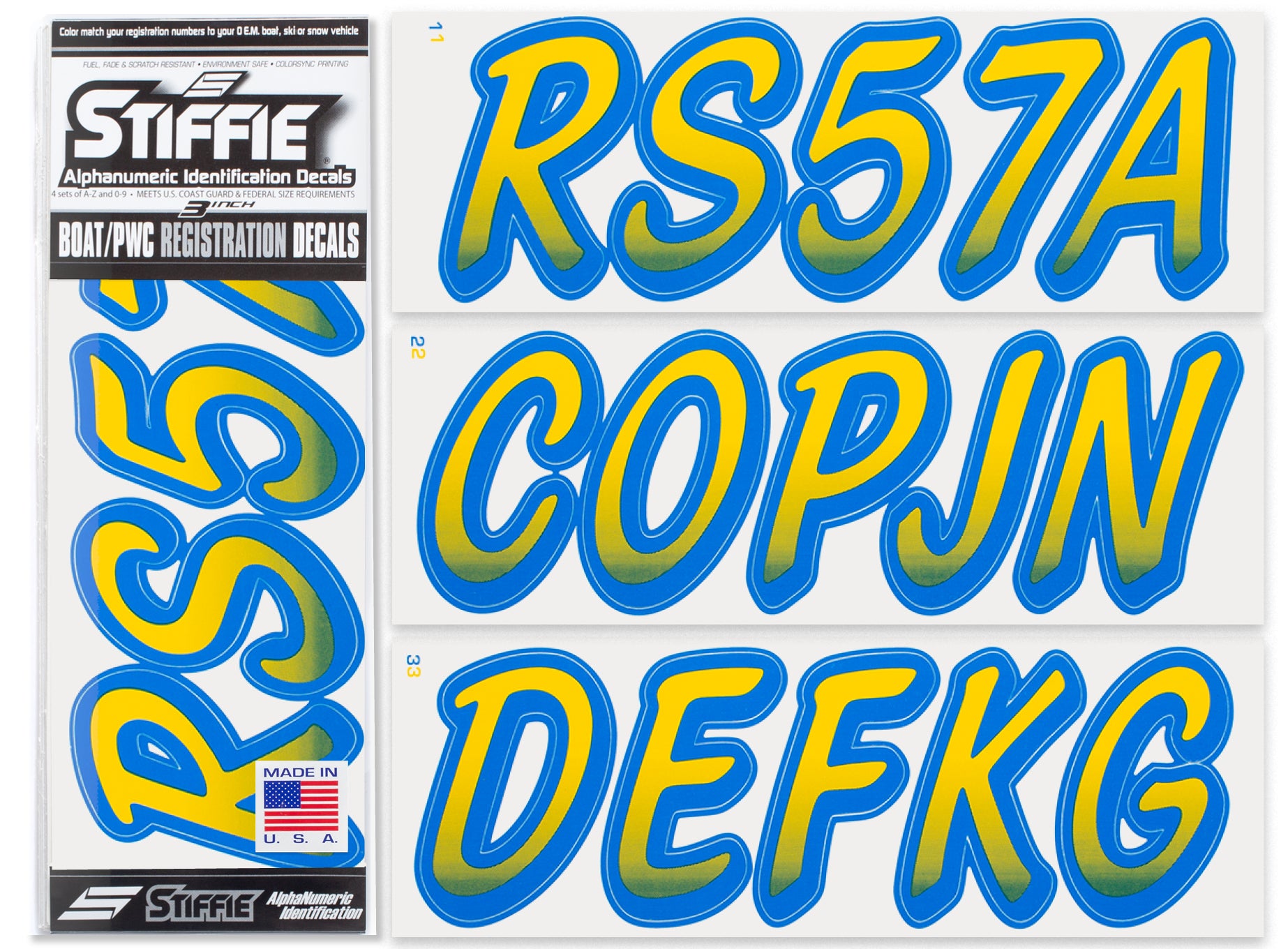 STIFFIE Whipline Yellow/Blue 3" Alpha-Numeric Registration Identification Numbers Stickers Decals for Boats & Personal Watercraft