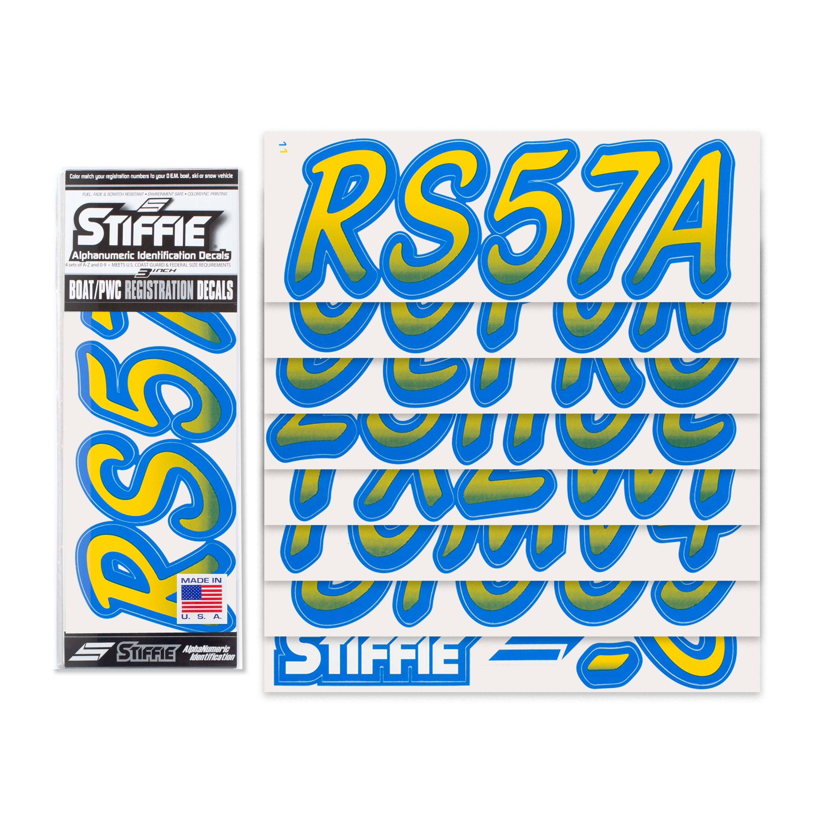 STIFFIE Whipline Yellow/Blue 3" Alpha-Numeric Registration Identification Numbers Stickers Decals for Boats & Personal Watercraft