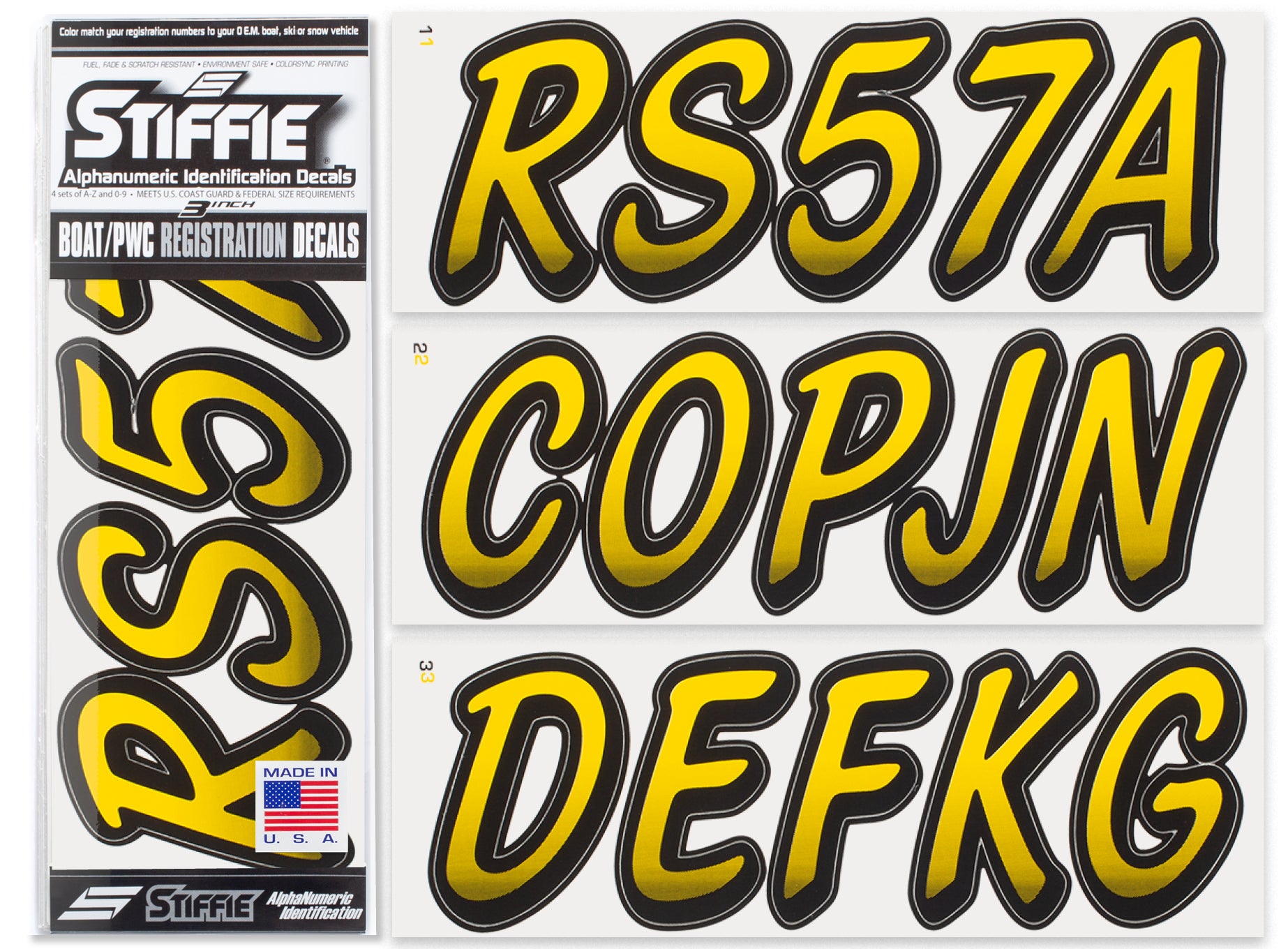 Stiffie Whipline Yellow/Black 3" Alpha-Numeric Registration Identification Numbers Stickers Decals for Boats & Personal Watercraft