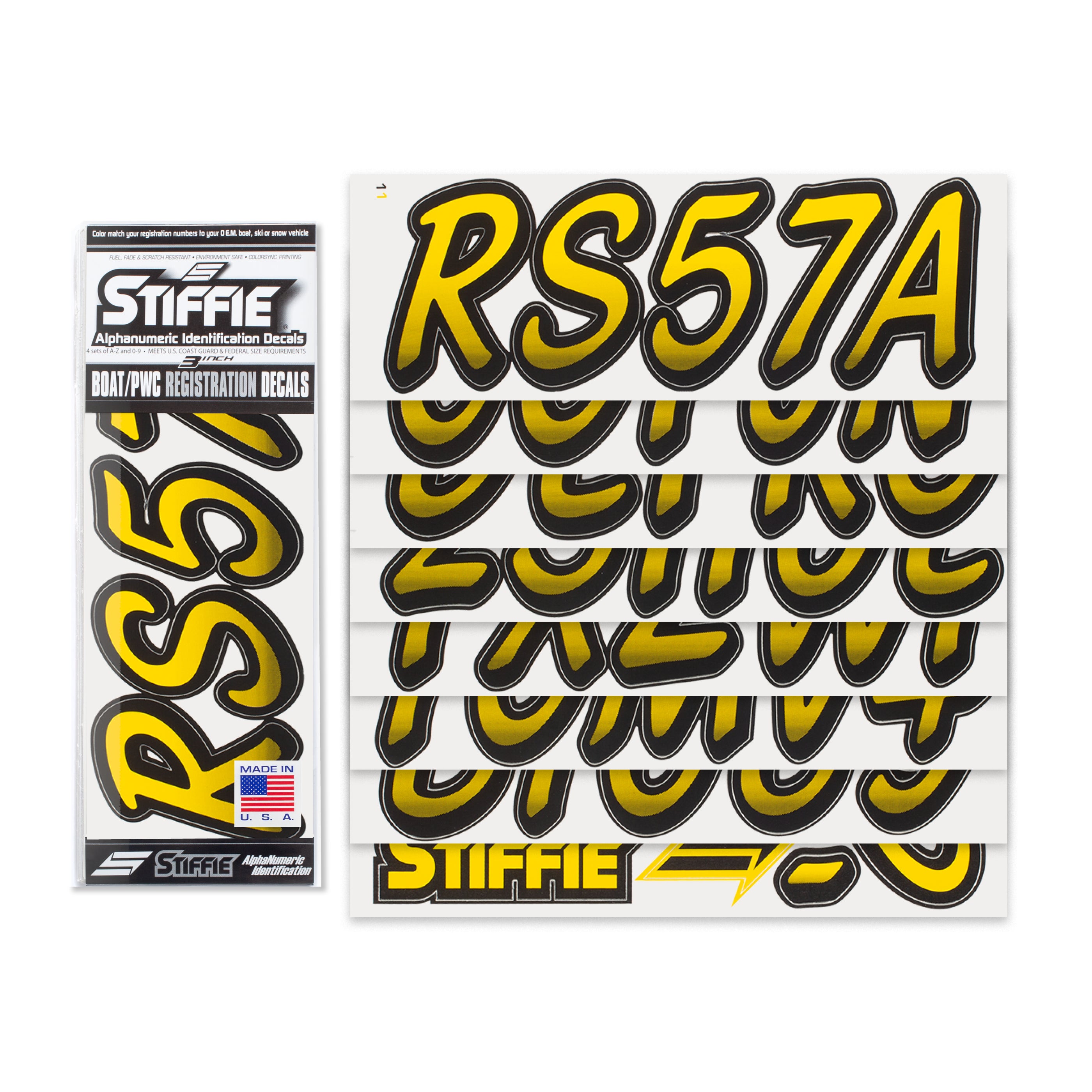 Stiffie Whipline Yellow/Black 3" Alpha-Numeric Registration Identification Numbers Stickers Decals for Boats & Personal Watercraft