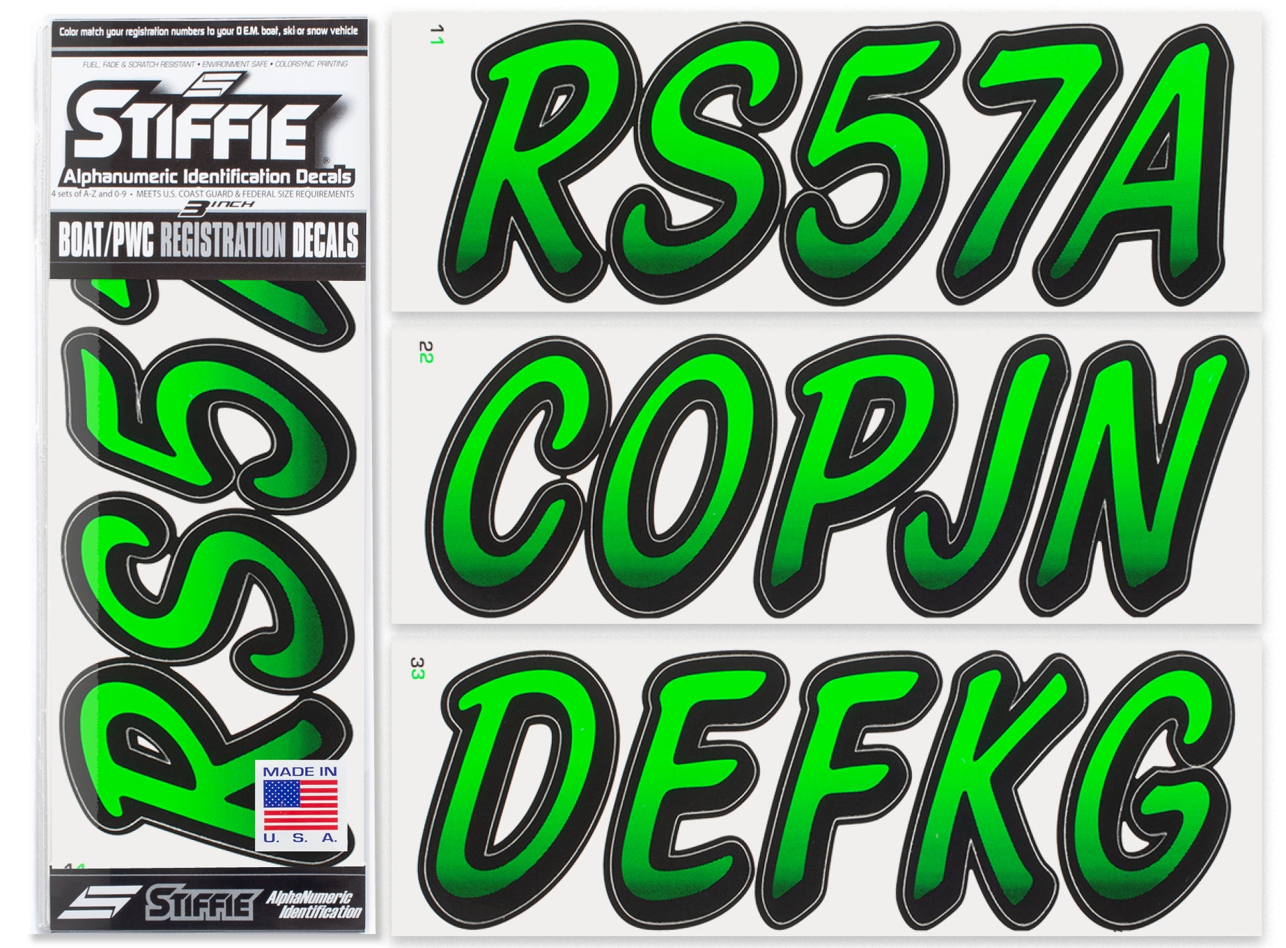 STIFFIE Whipline Electric Green/Black 3" Alpha-Numeric Registration Identification Numbers Stickers Decals for Boats & Personal Watercraft