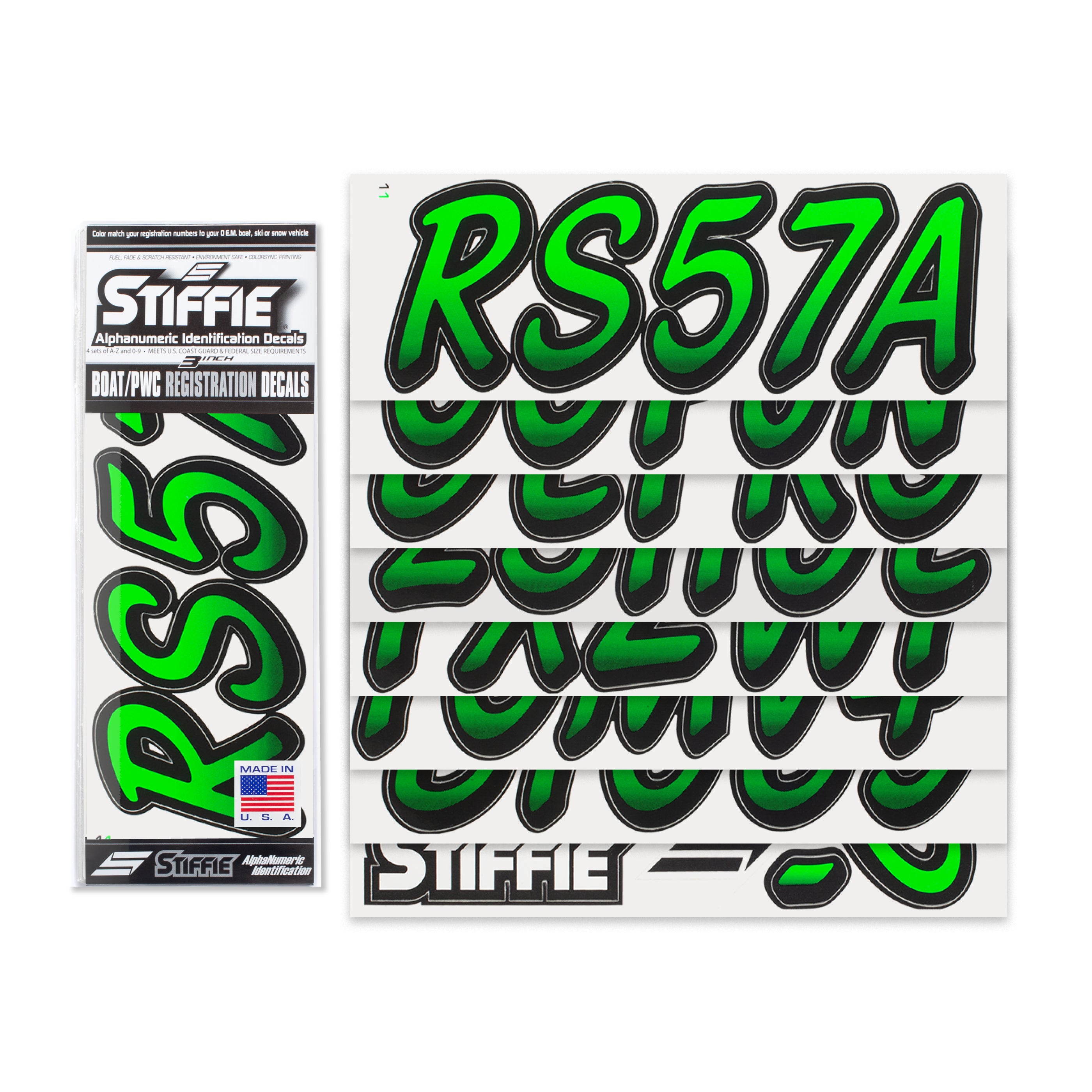 STIFFIE Whipline Electric Green/Black 3" Alpha-Numeric Registration Identification Numbers Stickers Decals for Boats & Personal Watercraft