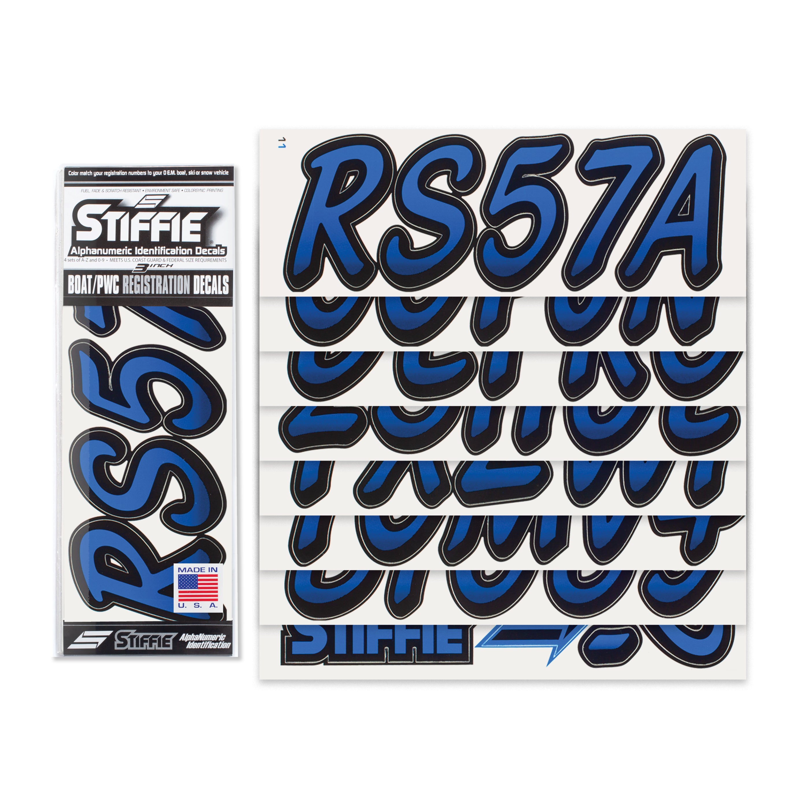 Stiffie Whipline Blue/Black 3" Alpha-Numeric Registration Identification Numbers Stickers Decals for Boats & Personal Watercraft