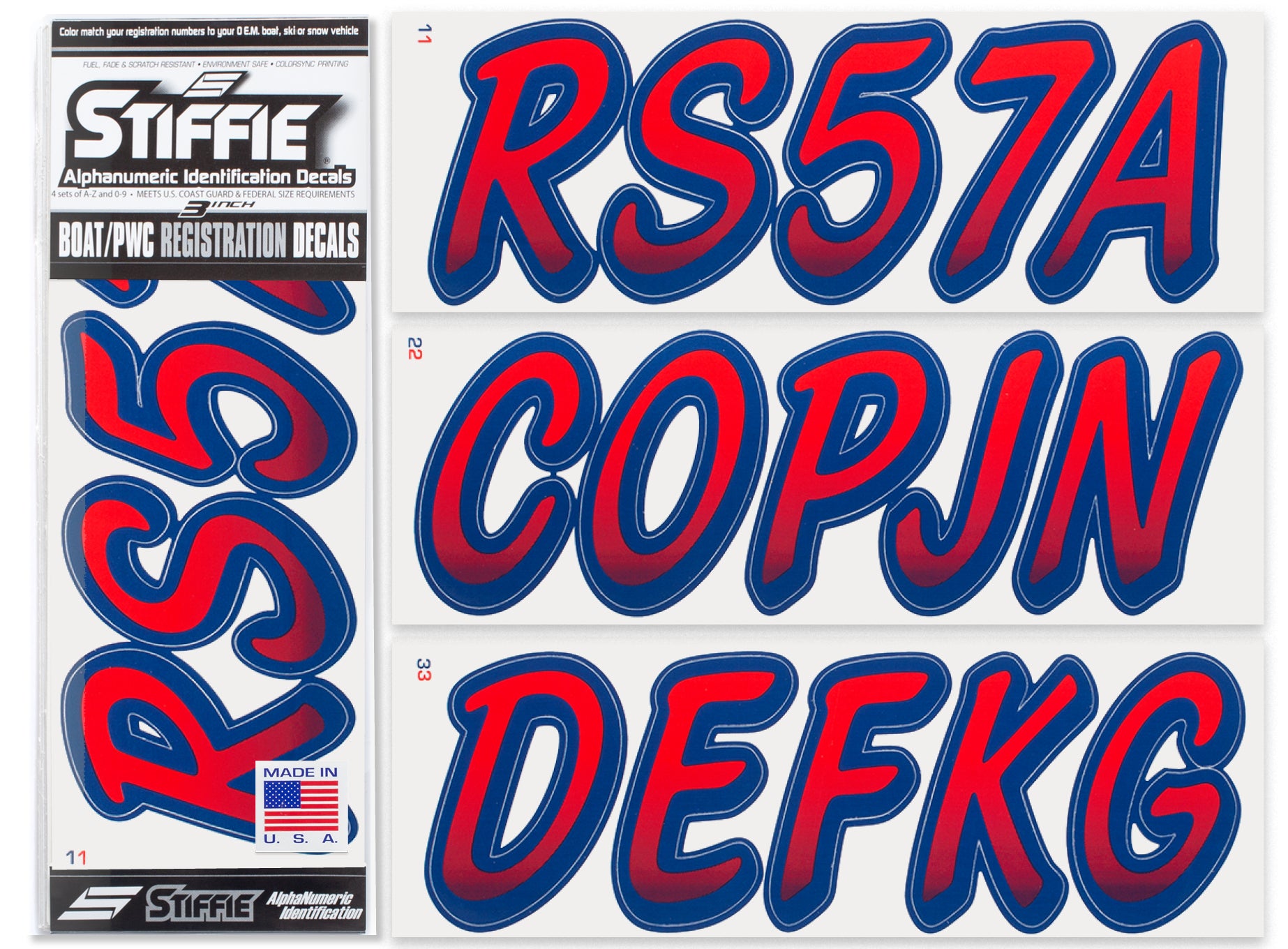 Stiffie Whipline Red/Navy 3" Alpha-Numeric Registration Identification Numbers Stickers Decals for Boats & Personal Watercraft