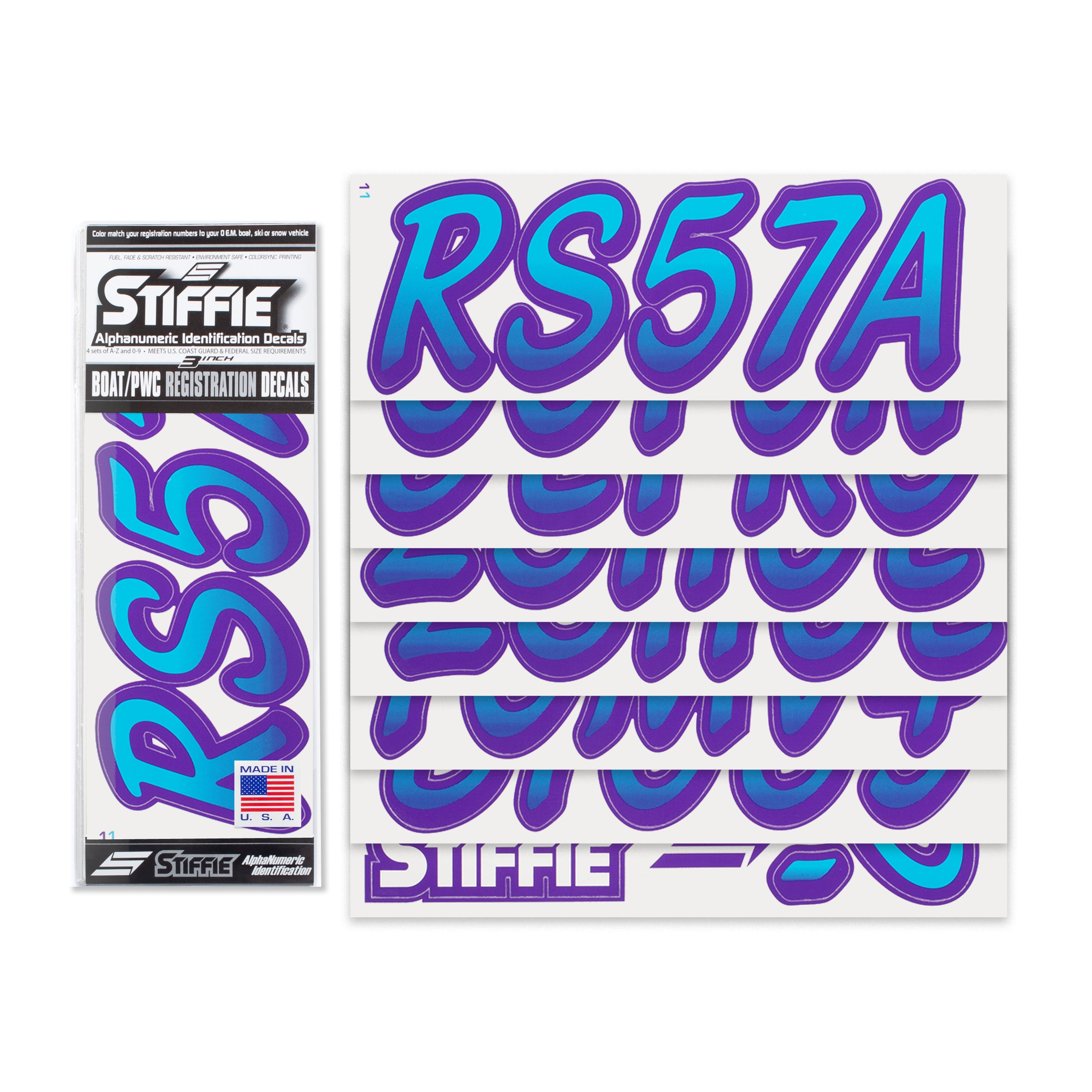 STIFFIE Whipline Sky Blue/Purple 3" Alpha-Numeric Registration Identification Numbers Stickers Decals for Boats & Personal Watercraft