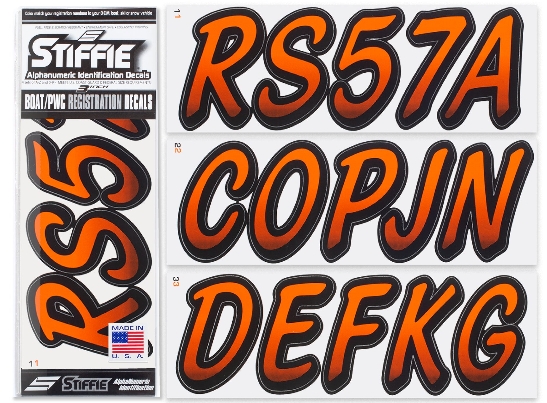 STIFFIE Whipline Orange/Black 3" Alpha-Numeric Registration Identification Numbers Stickers Decals for Boats & Personal Watercraft