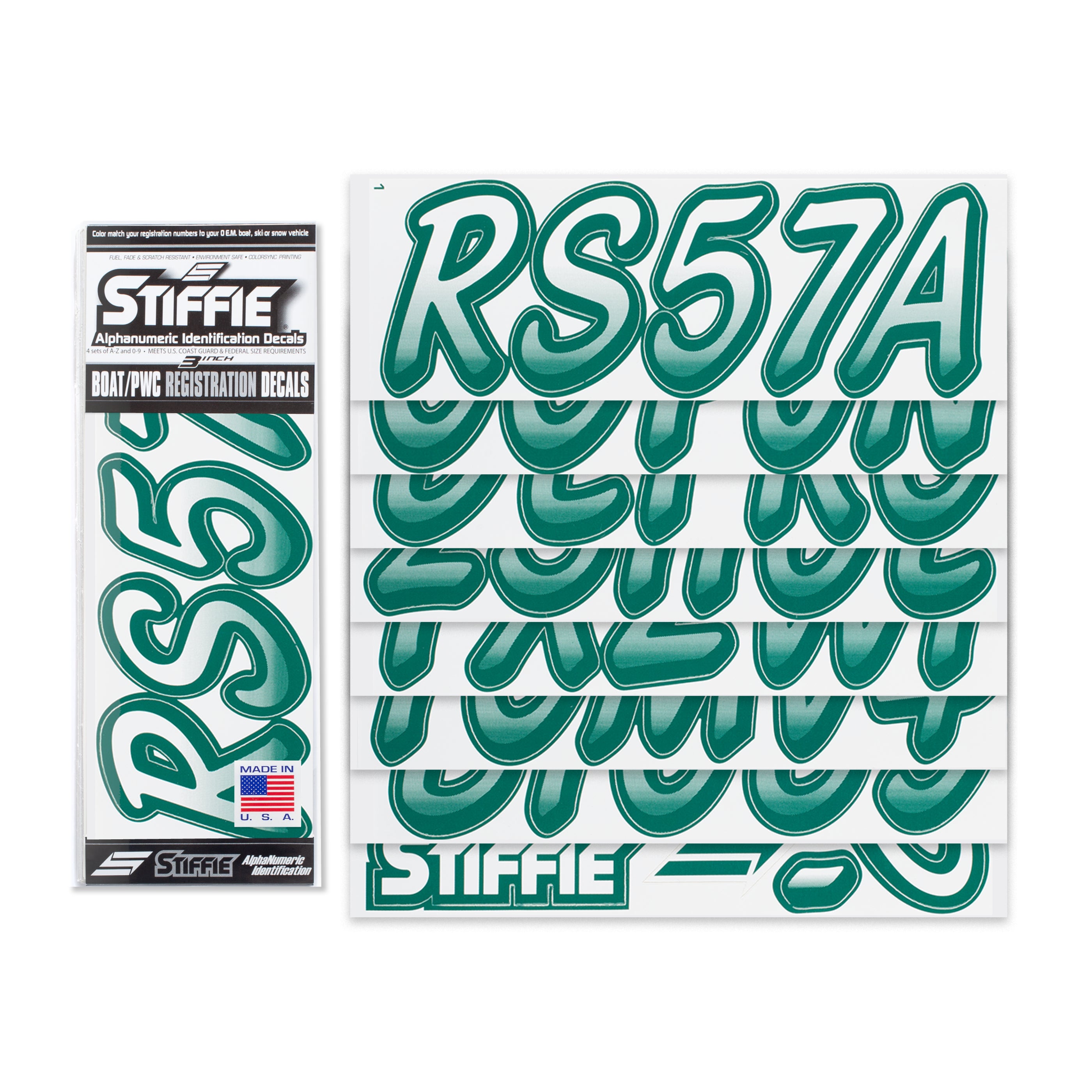 Stiffie Whipline White/Racing Green 3" Alpha-Numeric Registration Identification Numbers Stickers Decals for Boats & Personal Watercraft