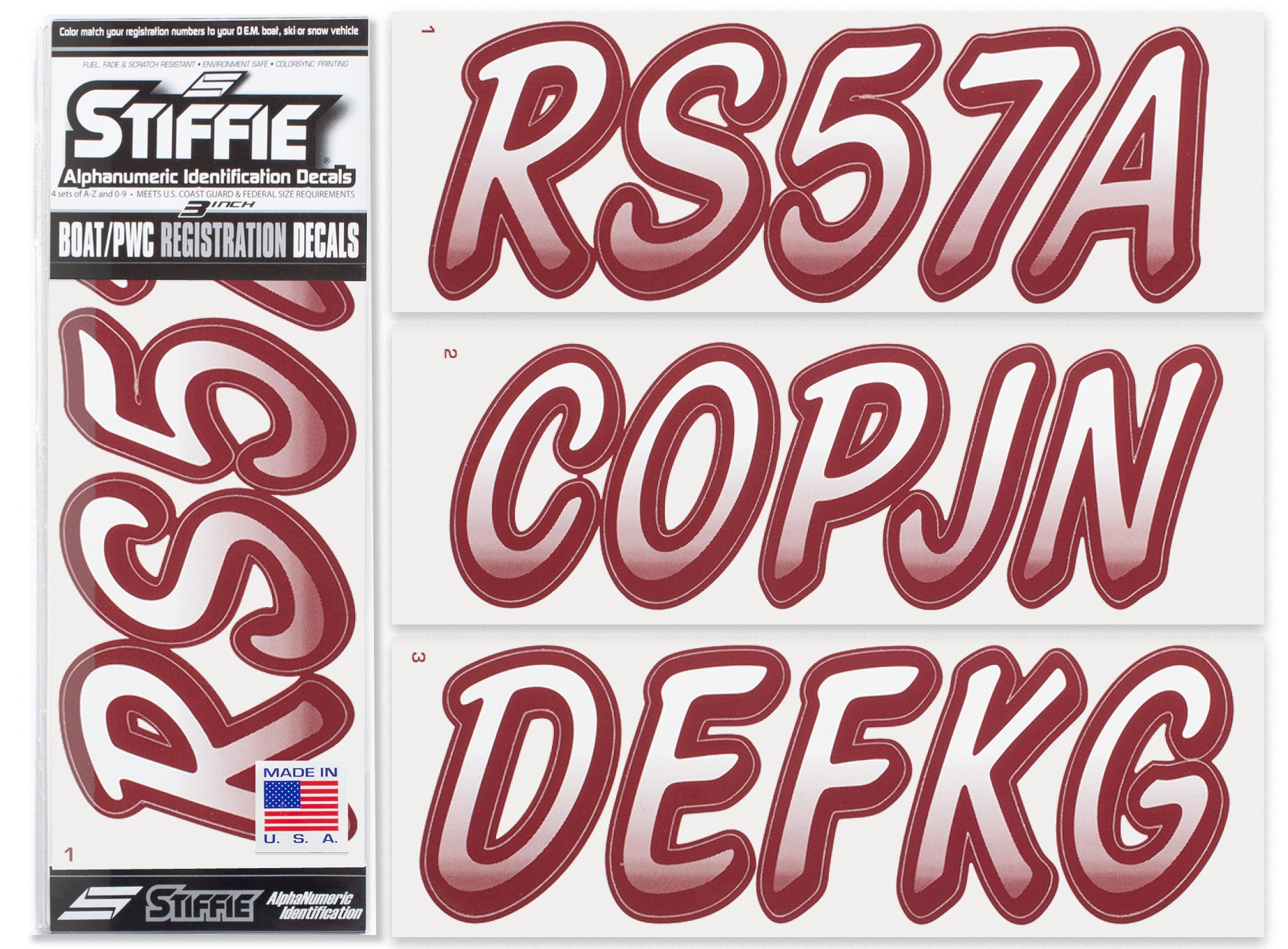 Stiffie Whipline White/Burgundy 3" Alpha-Numeric Registration Identification Numbers Stickers Decals for Boats & Personal Watercraft