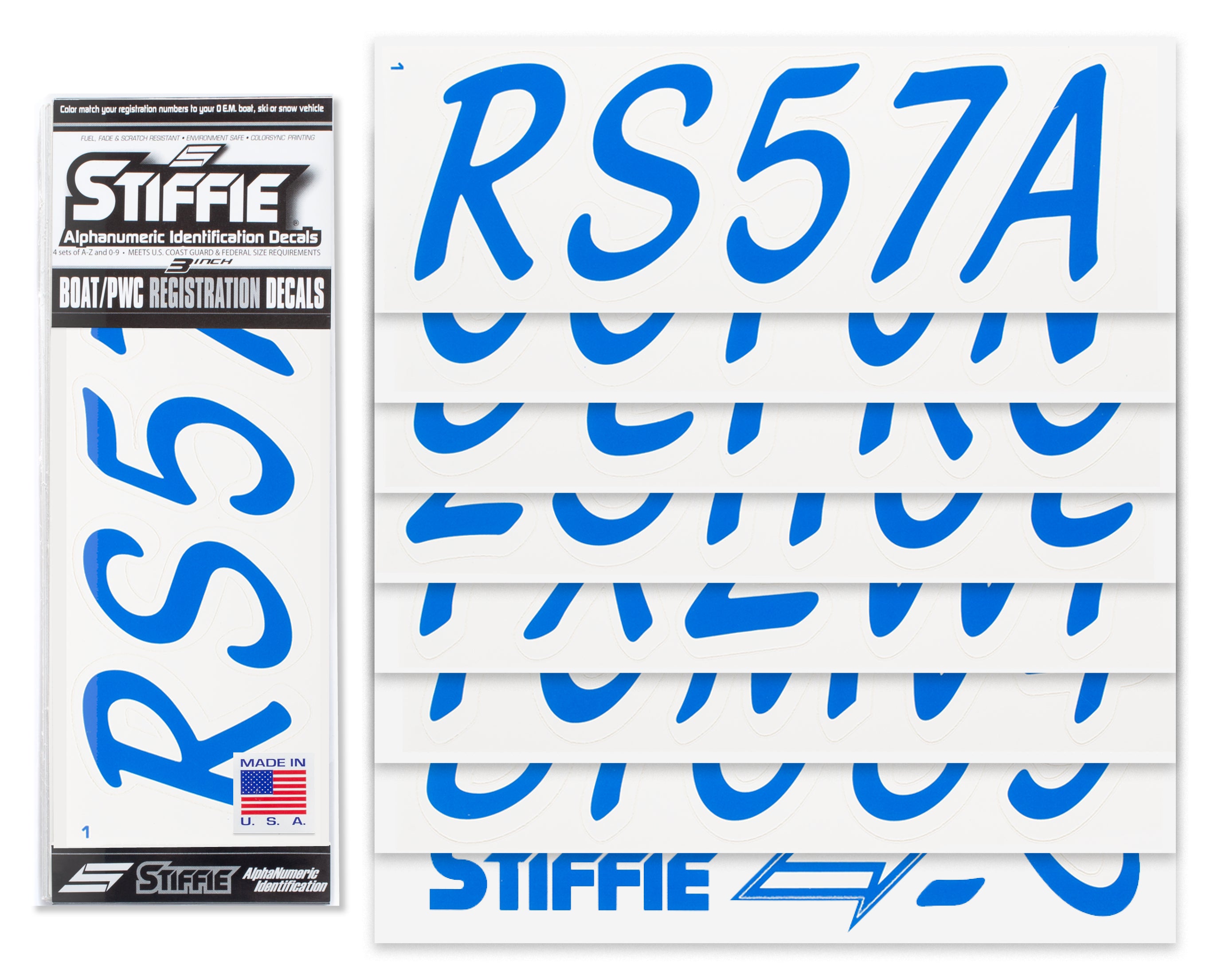 STIFFIE Whipline Solid Blue/White 3" Alpha-Numeric Registration Identification Numbers Stickers Decals for Boats & Personal Watercraft