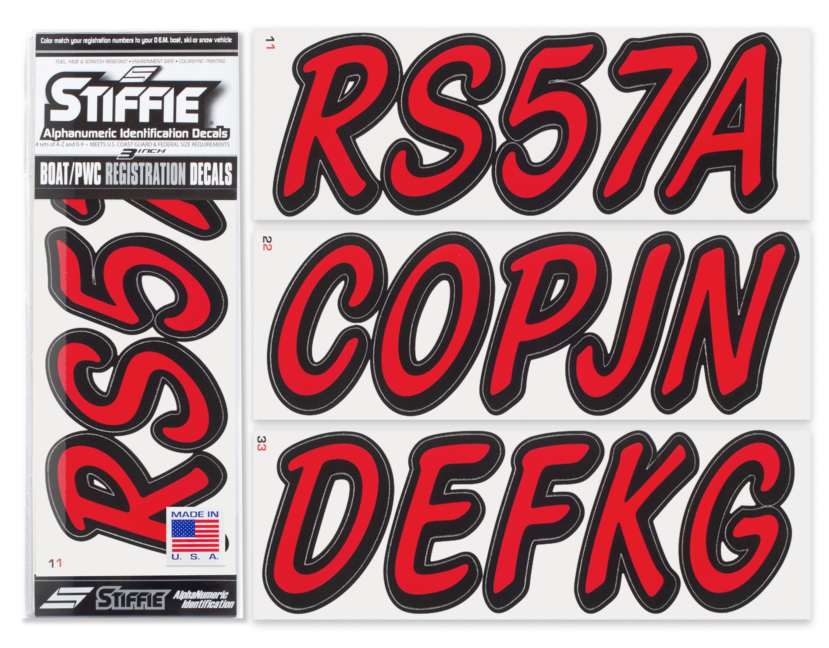 STIFFIE Whipline Solid Red/Black 3" Alpha-Numeric Registration Identification Numbers Stickers Decals for Boats & Personal Watercraft