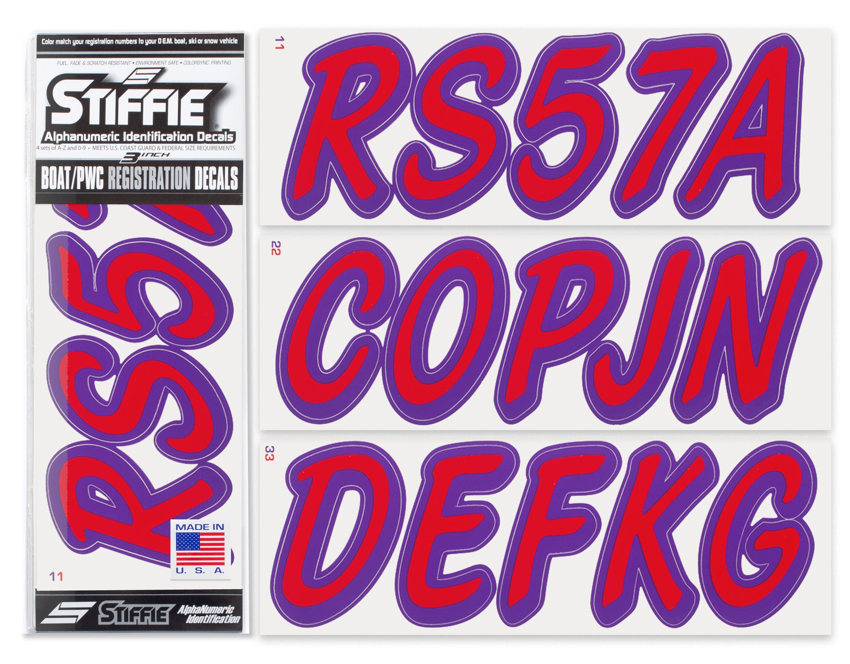 STIFFIE Whipline Solid Red/Purple 3" Alpha-Numeric Registration Identification Numbers Stickers Decals for Boats & Personal Watercraft