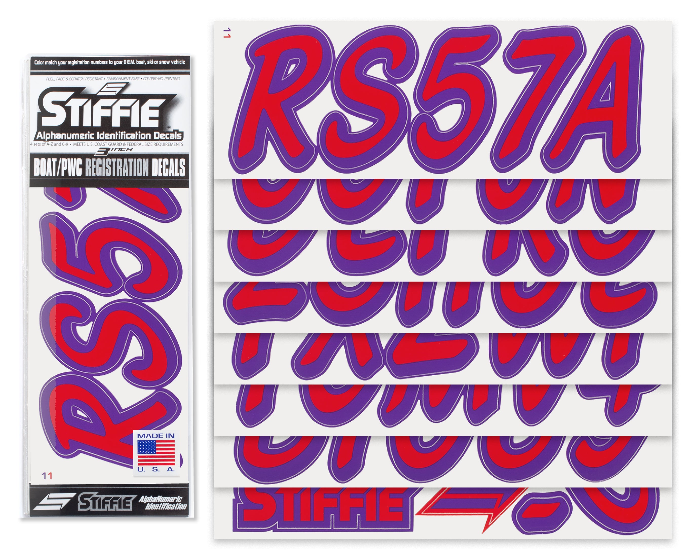 STIFFIE Whipline Solid Red/Purple 3" Alpha-Numeric Registration Identification Numbers Stickers Decals for Boats & Personal Watercraft