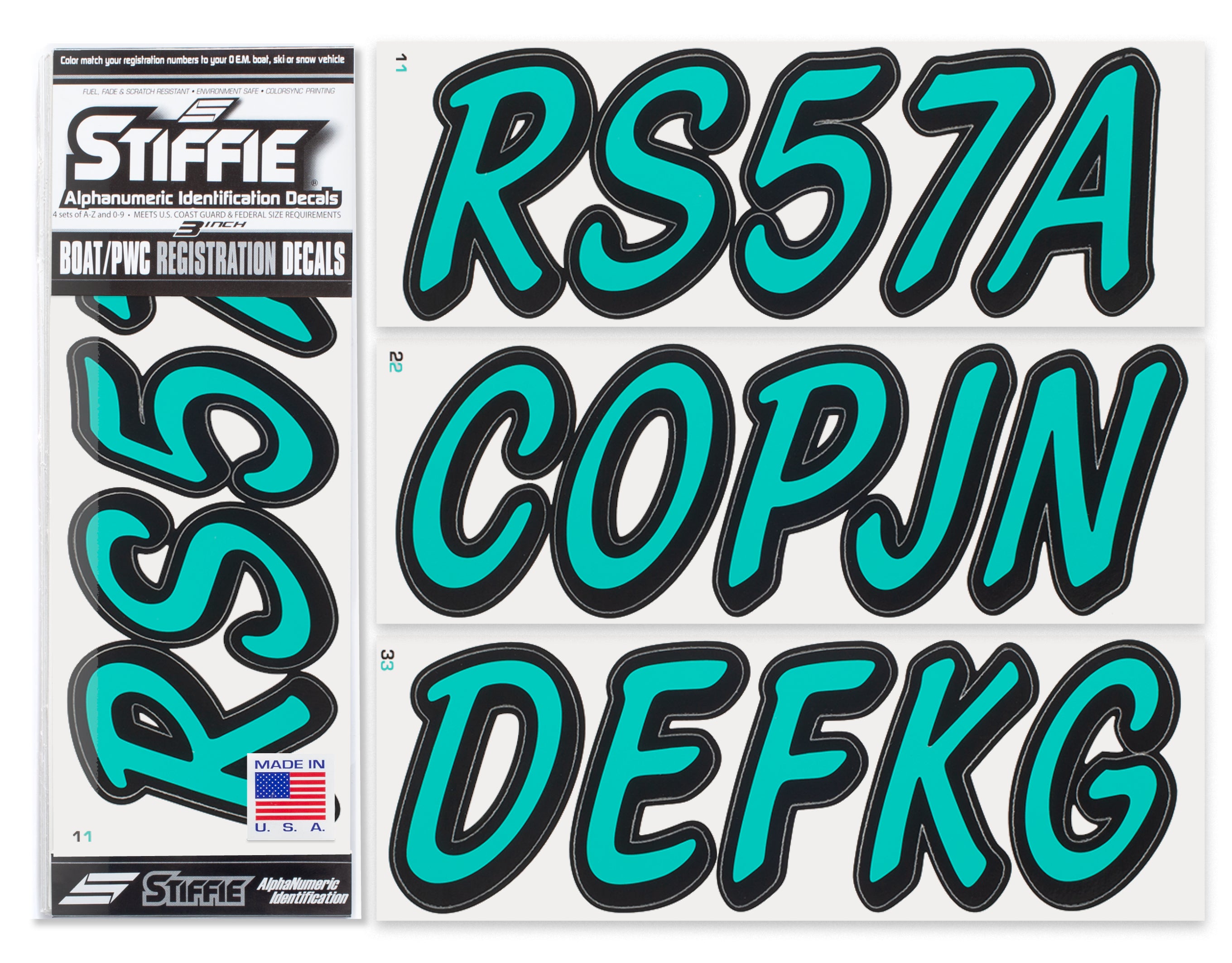 STIFFIE Whipline Solid Sea Teal/Black 3" Alpha-Numeric Registration Identification Numbers Stickers Decals for Boats & Personal Watercraft