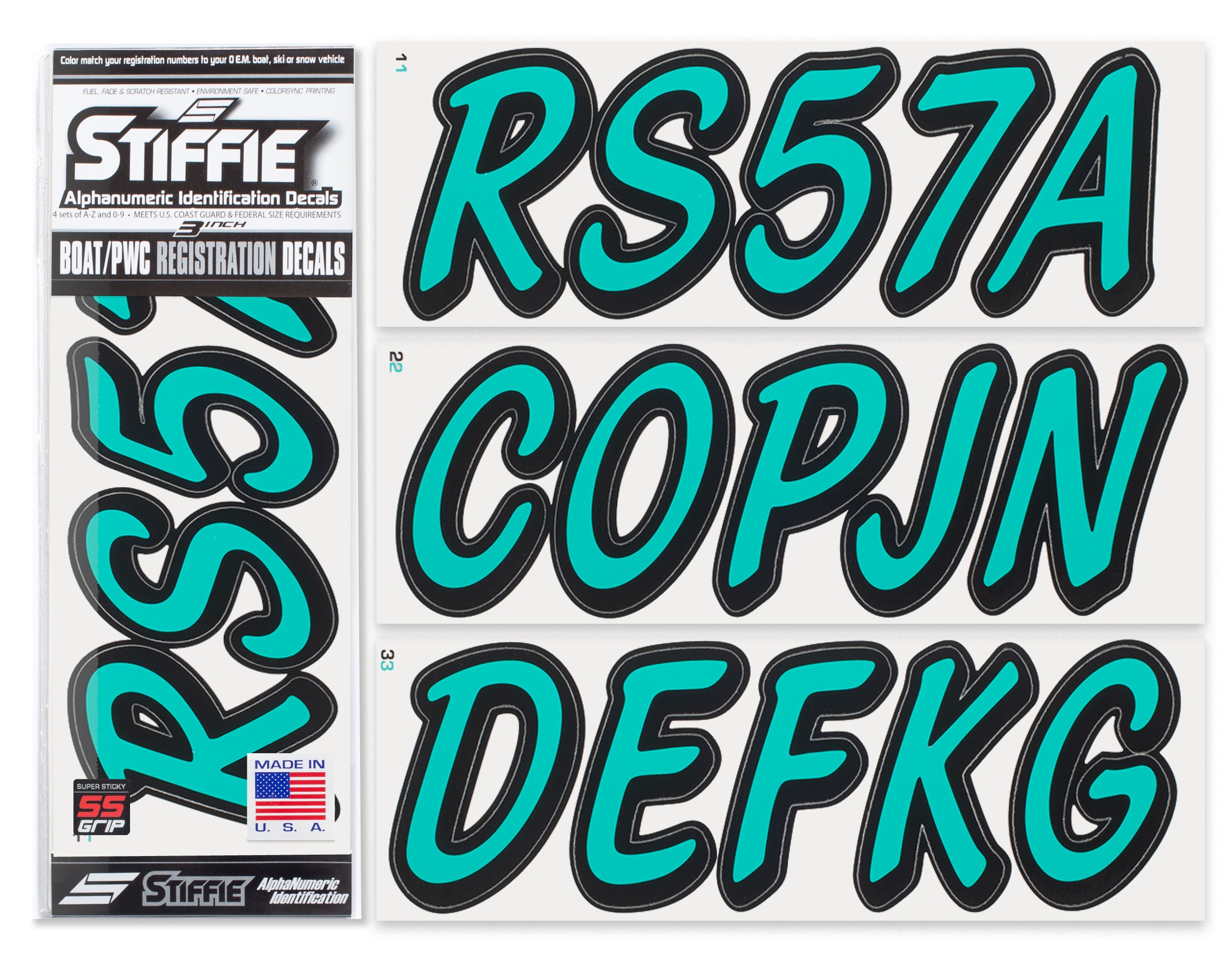 STIFFIE Whipline Solid Sea Teal/Black Super Sticky 3" Alpha-Numeric Registration Identification Numbers Stickers Decals for Boats & Personal Watercraft
