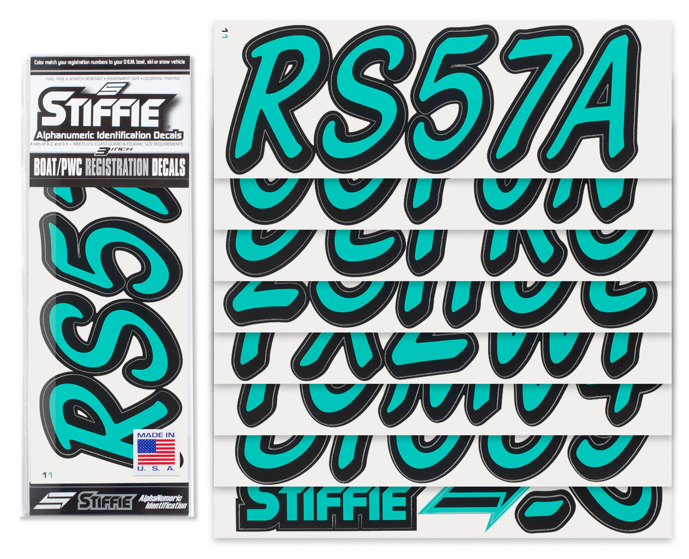 STIFFIE Whipline Solid Sea Teal/Black 3" Alpha-Numeric Registration Identification Numbers Stickers Decals for Boats & Personal Watercraft