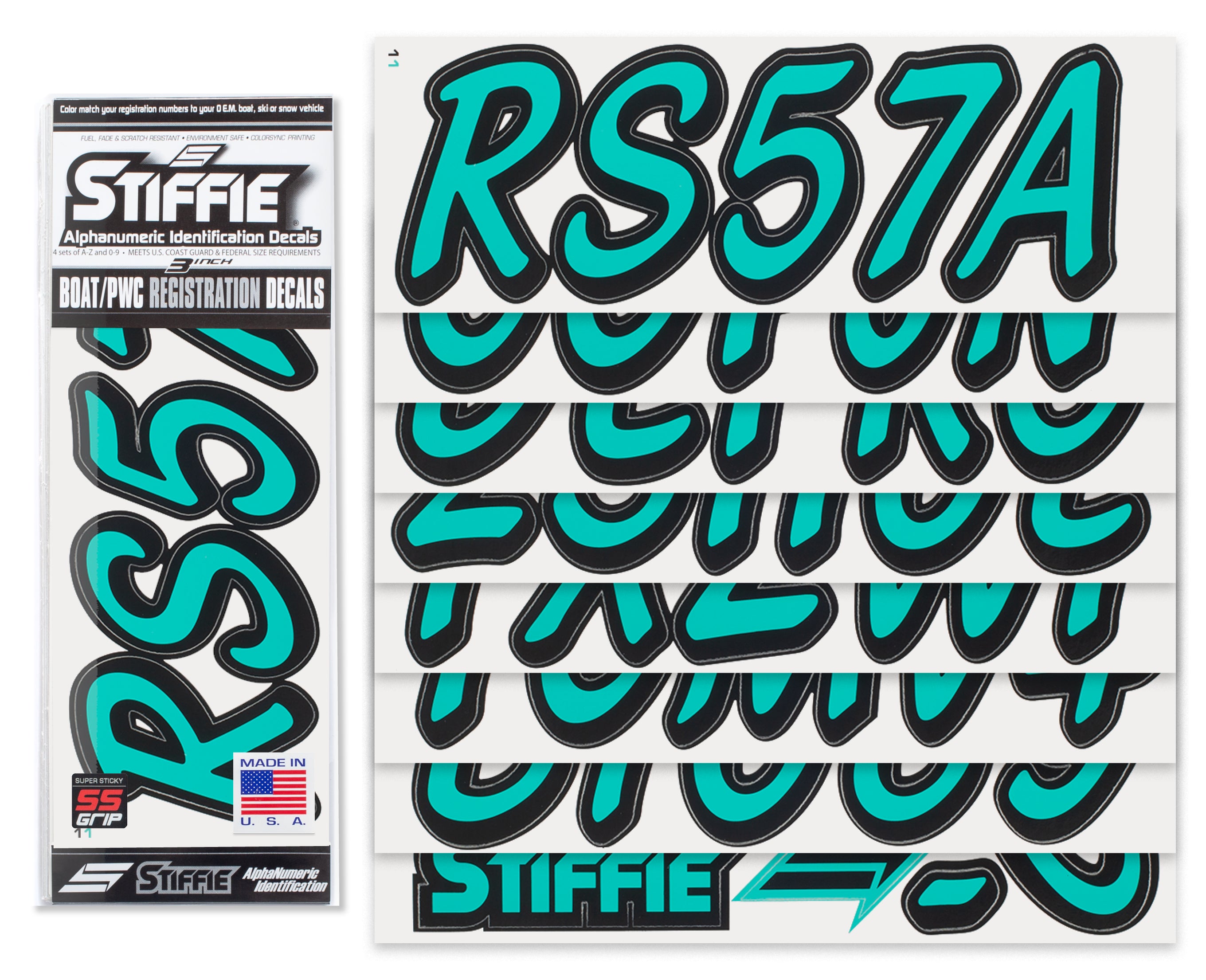 STIFFIE Whipline Solid Sea Teal/Black Super Sticky 3" Alpha-Numeric Registration Identification Numbers Stickers Decals for Boats & Personal Watercraft