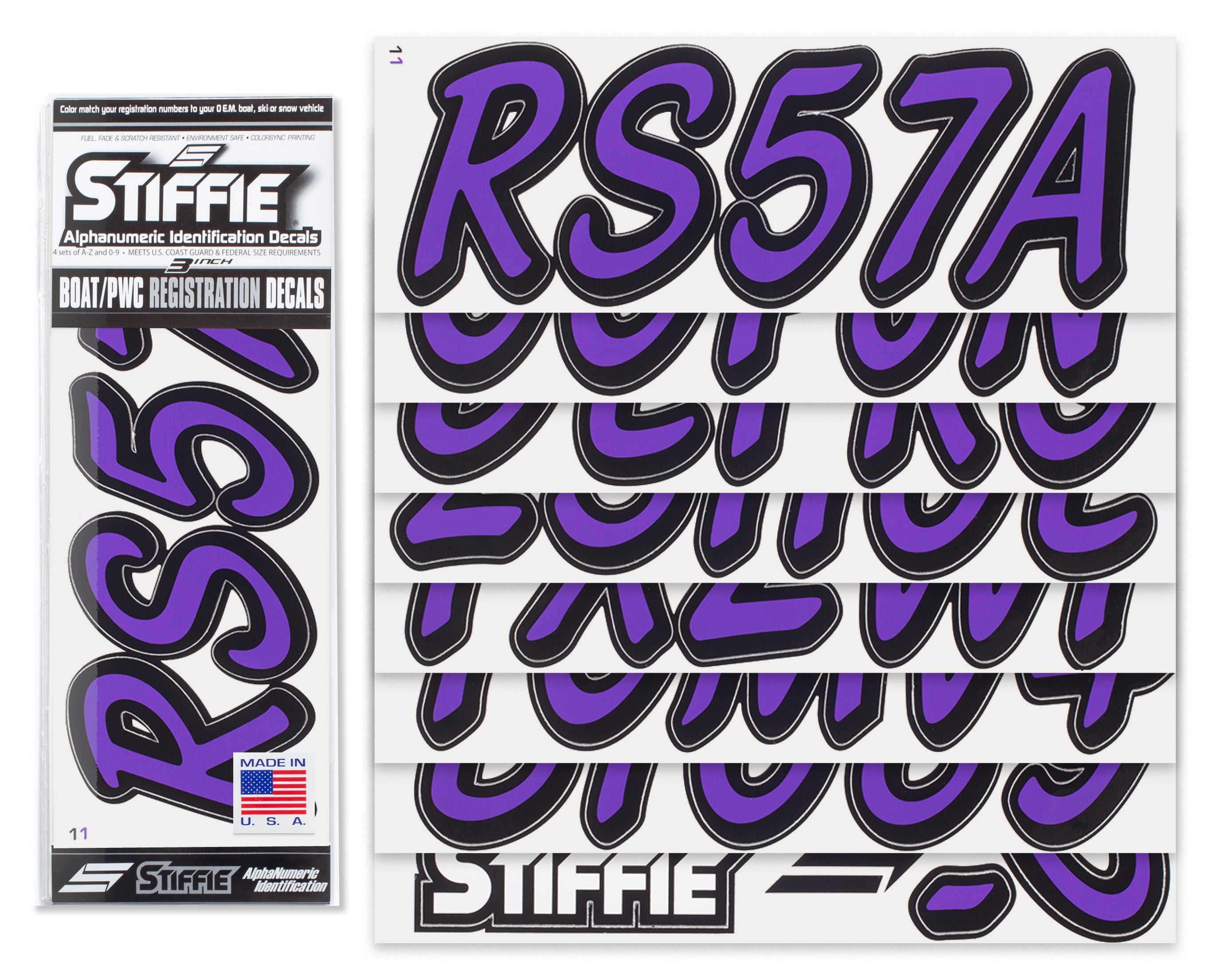 STIFFIE Whipline Solid Purple/Black 3" Alpha-Numeric Registration Identification Numbers Stickers Decals for Boats & Personal Watercraft