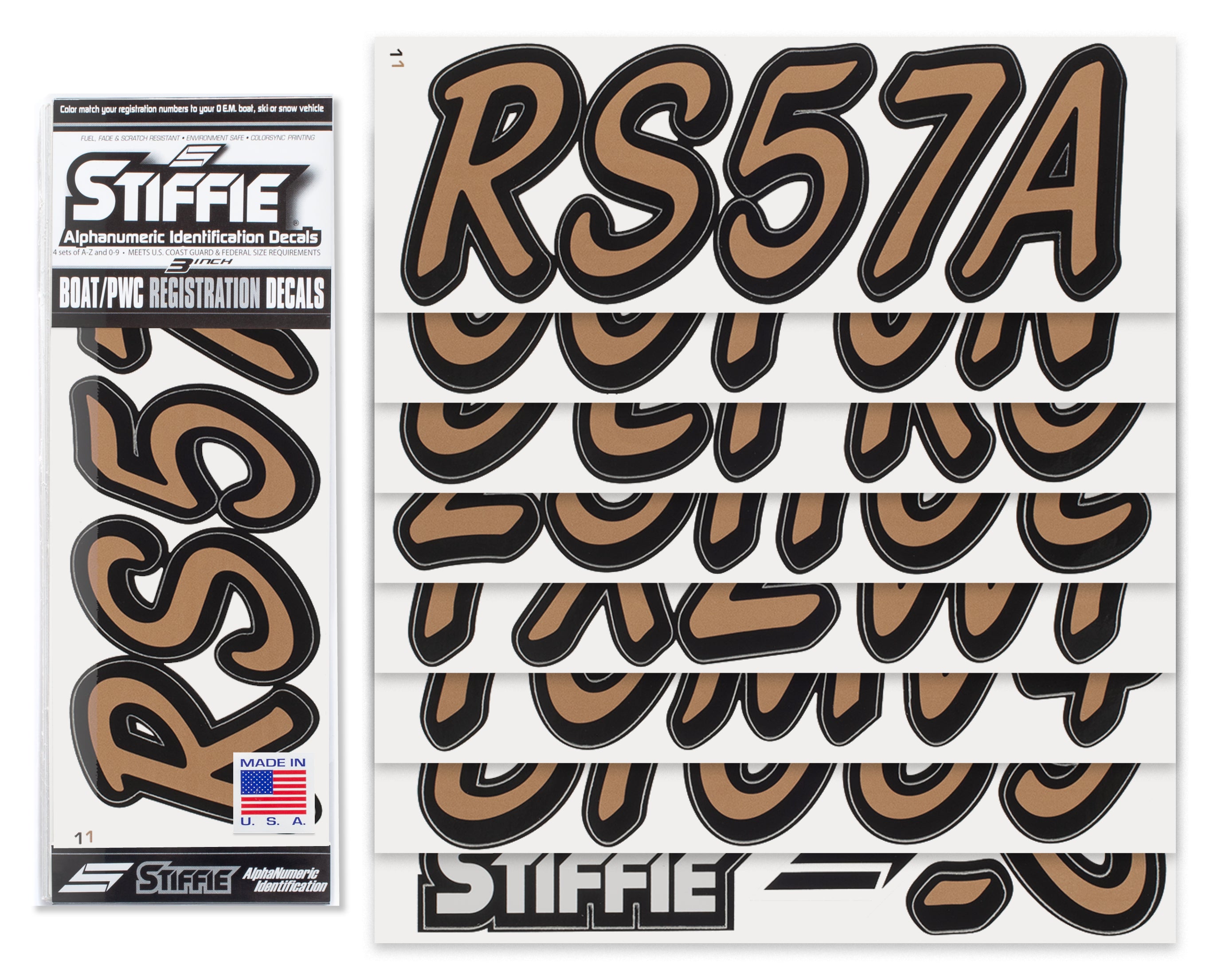 STIFFIE Whipline Solid Copper/Black 3" Alpha-Numeric Registration Identification Numbers Stickers Decals for Boats & Personal Watercraft