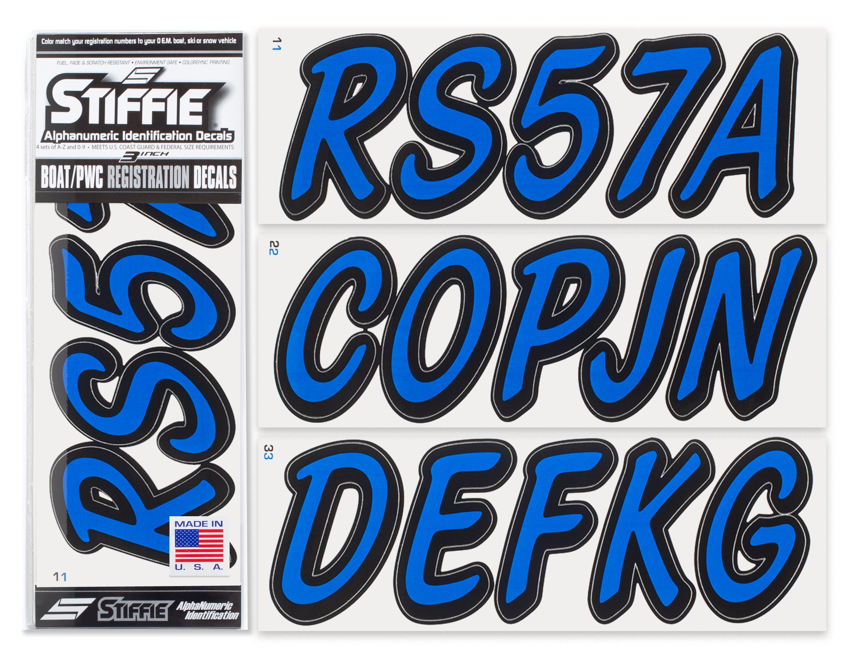 STIFFIE Whipline Solid Blue/Black 3" Alpha-Numeric Registration Identification Numbers Stickers Decals for Boats & Personal Watercraft