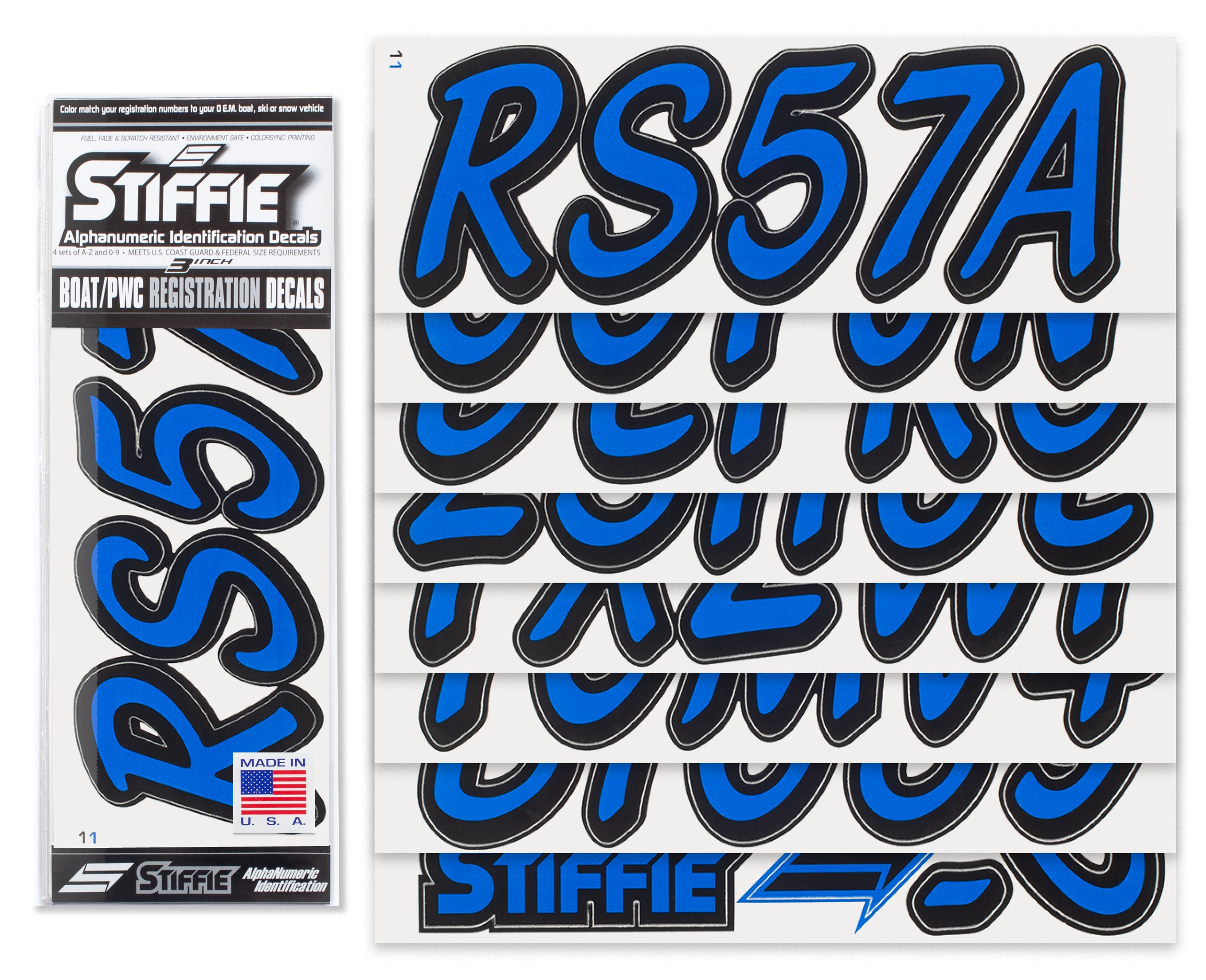 STIFFIE Whipline Solid Blue/Black 3" Alpha-Numeric Registration Identification Numbers Stickers Decals for Boats & Personal Watercraft