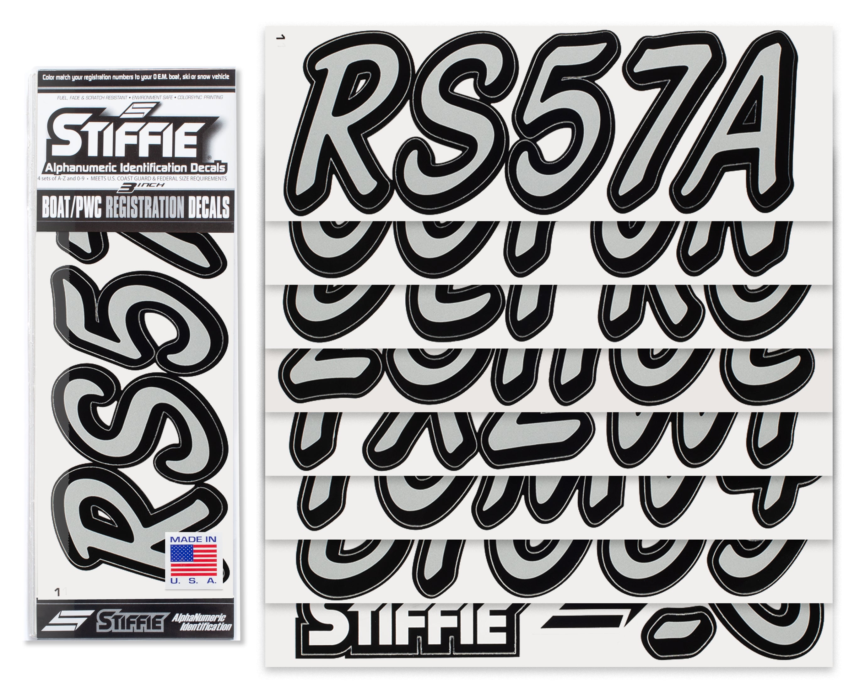 STIFFIE Whipline Solid Metallic Silver/Black 3" Alpha-Numeric Registration Identification Numbers Stickers Decals for Boats & Personal Watercraft
