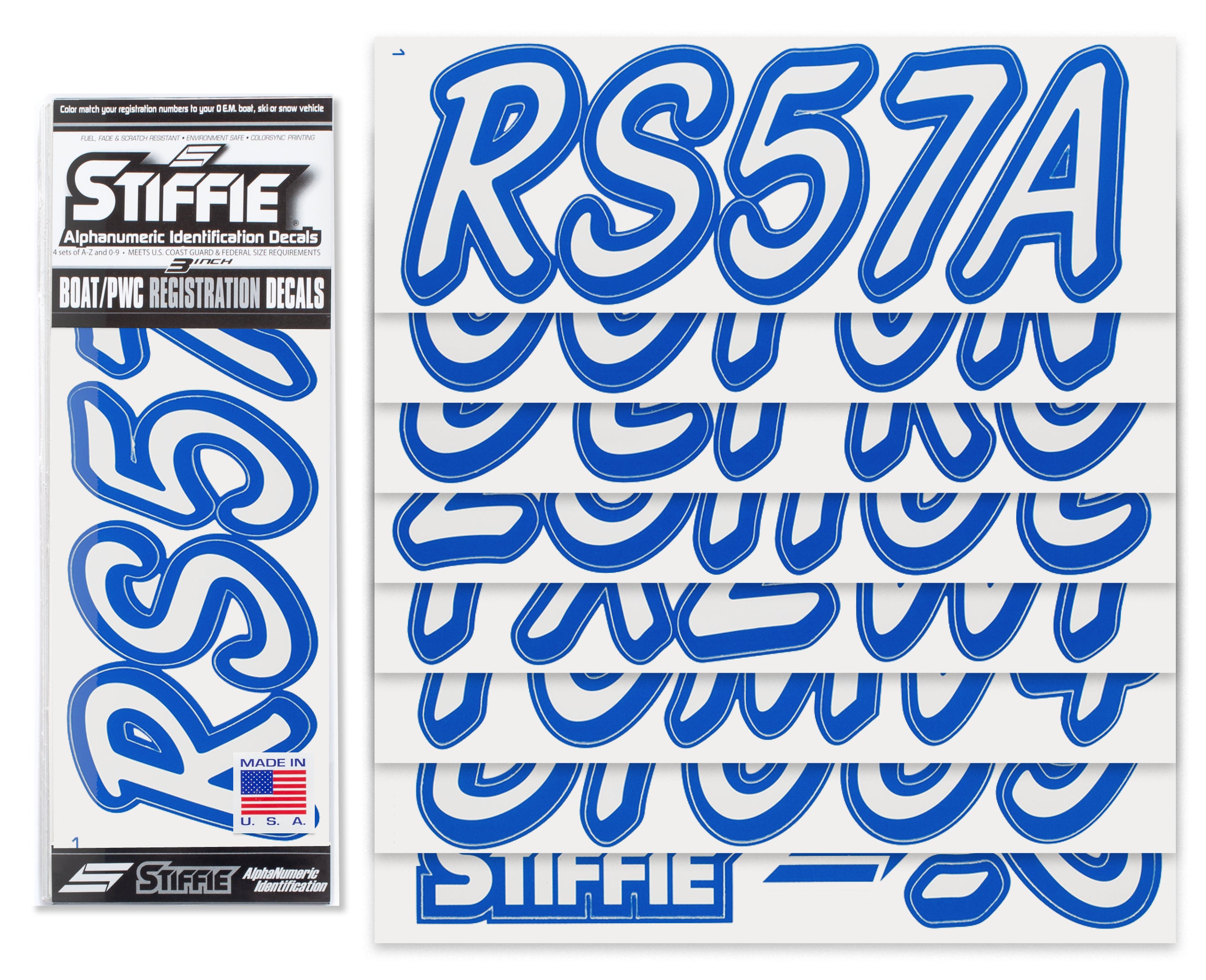 STIFFIE Whipline Solid White/Blue 3" Alpha-Numeric Registration Identification Numbers Stickers Decals for Boats & Personal Watercraft