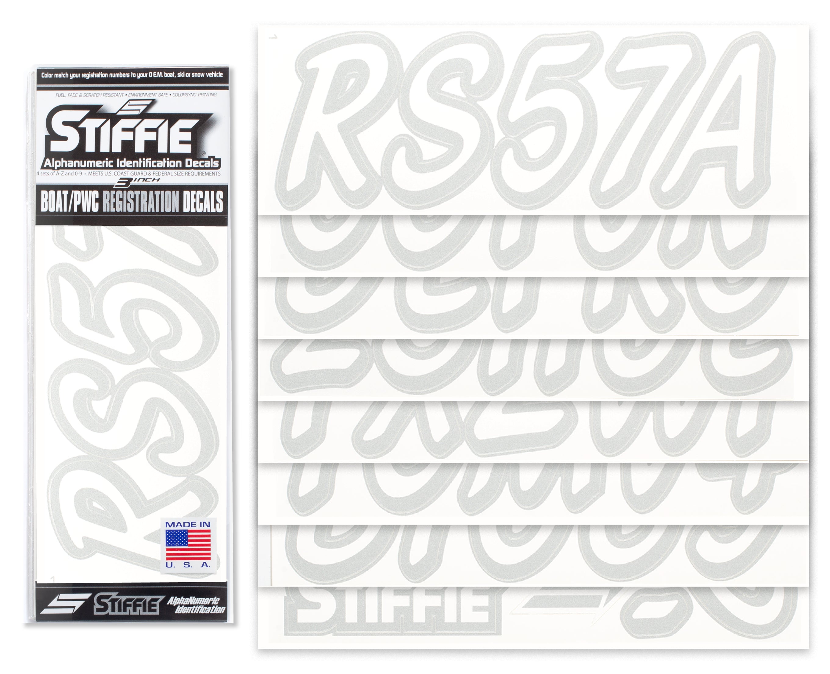 STIFFIE Whipline Solid White/Metallic Silver 3" Alpha-Numeric Registration Identification Numbers Stickers Decals for Boats & Personal Watercraft