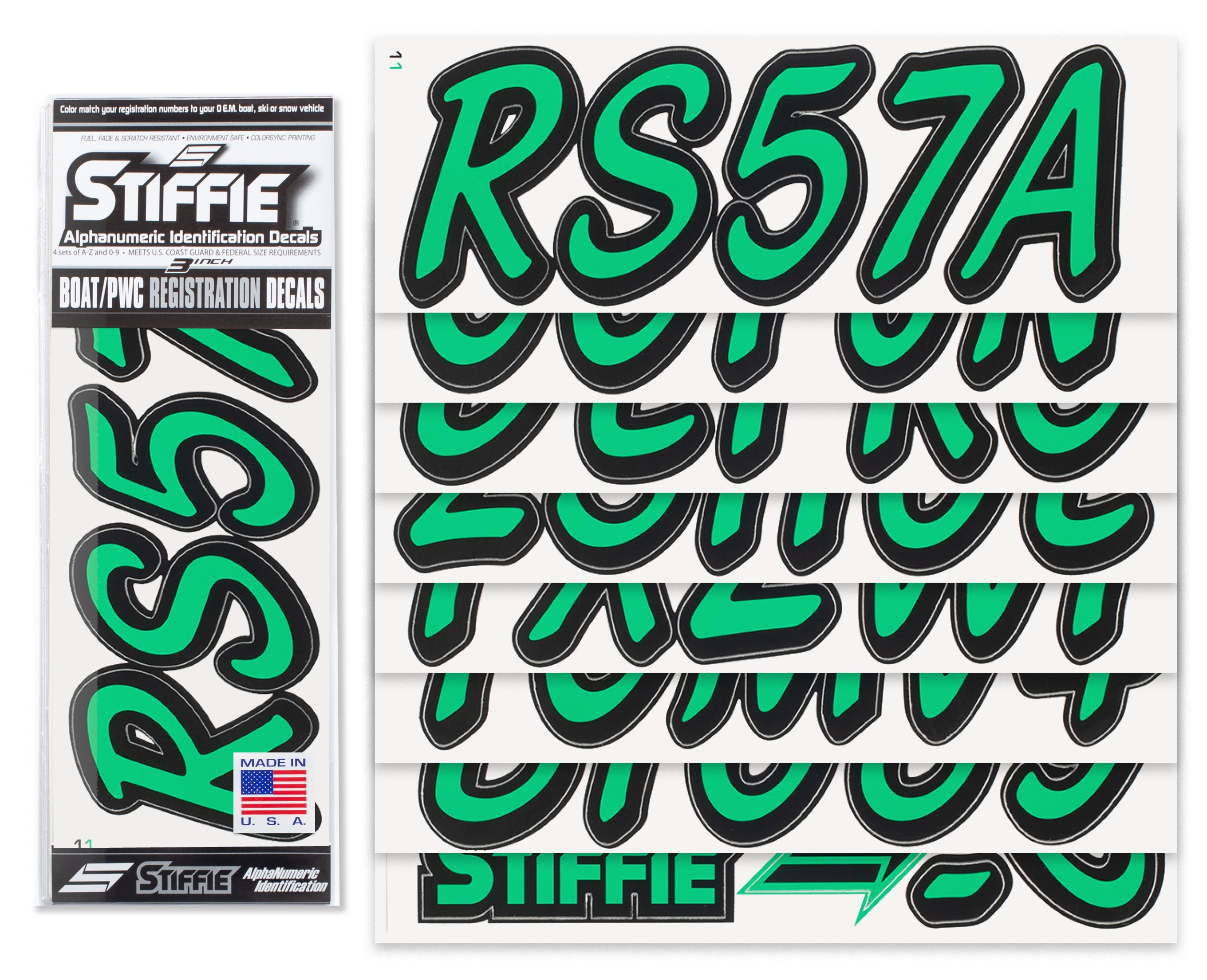 STIFFIE Whipline Solid Sea Foam Green/Black 3" Alpha-Numeric Registration Identification Numbers Stickers Decals for Boats & Personal Watercraft