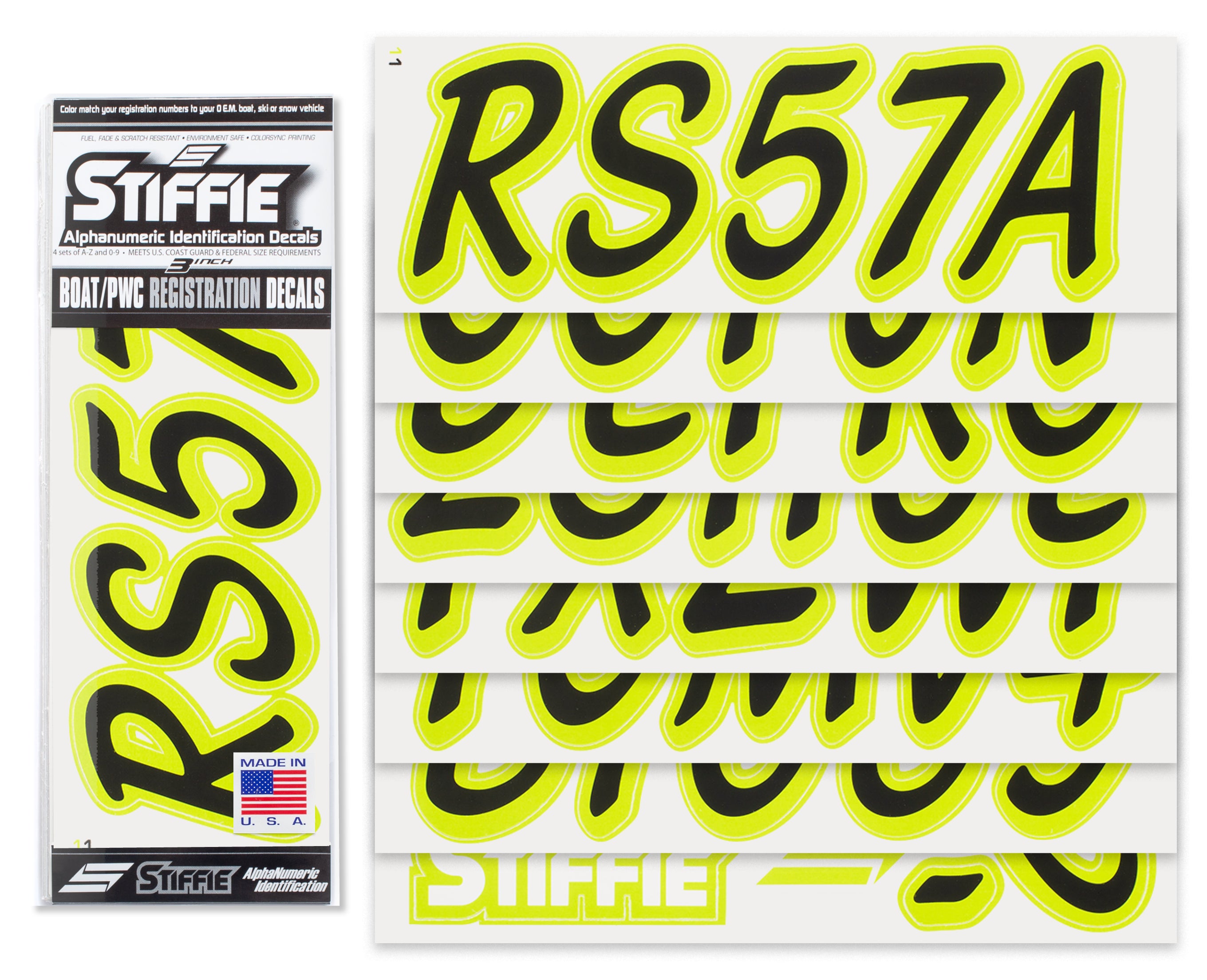STIFFIE Whipline Solid Black/Electric Lime 3" Alpha-Numeric Registration Identification Numbers Stickers Decals for Boats & Personal Watercraft