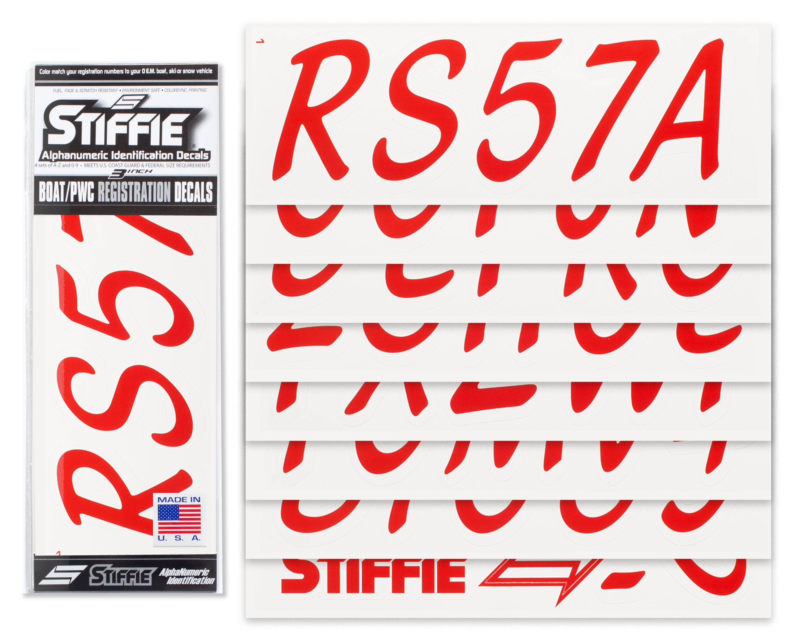 STIFFIE Whipline Solid Red/White 3" Alpha-Numeric Registration Identification Numbers Stickers Decals for Boats & Personal Watercraft