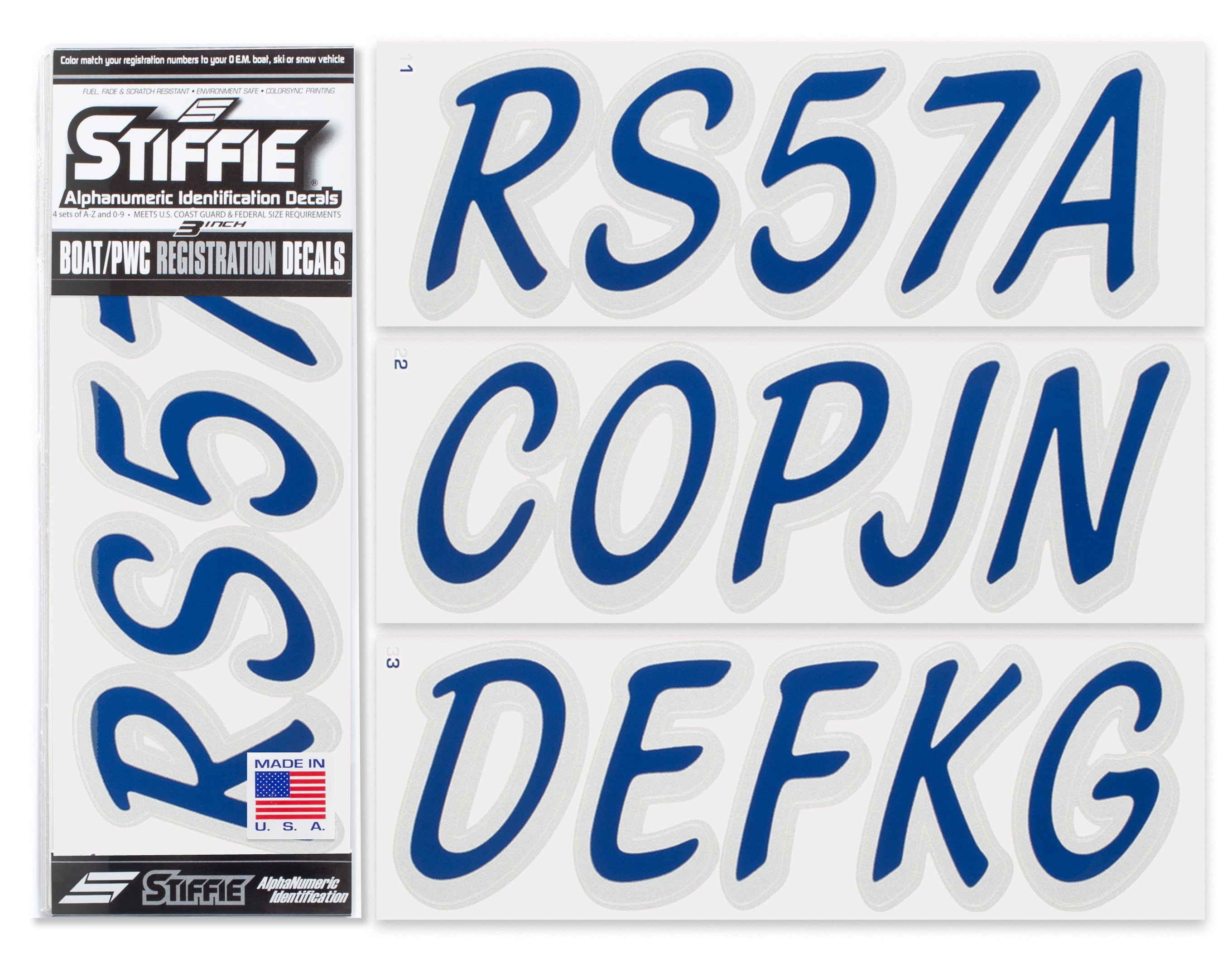 STIFFIE Whipline Solid Navy/Metallic Silver 3" Alpha-Numeric Registration Identification Numbers Stickers Decals for Boats & Personal Watercraft