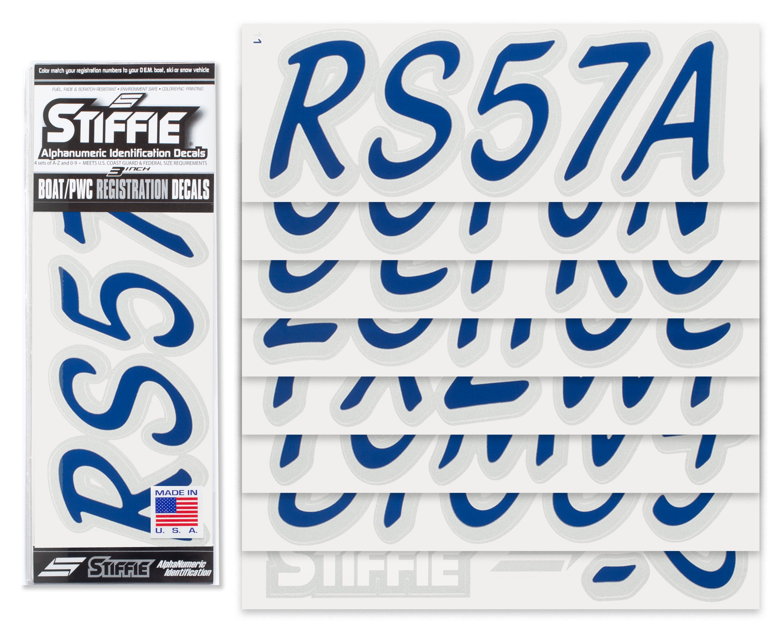 STIFFIE Whipline Solid Navy/Metallic Silver 3" Alpha-Numeric Registration Identification Numbers Stickers Decals for Boats & Personal Watercraft