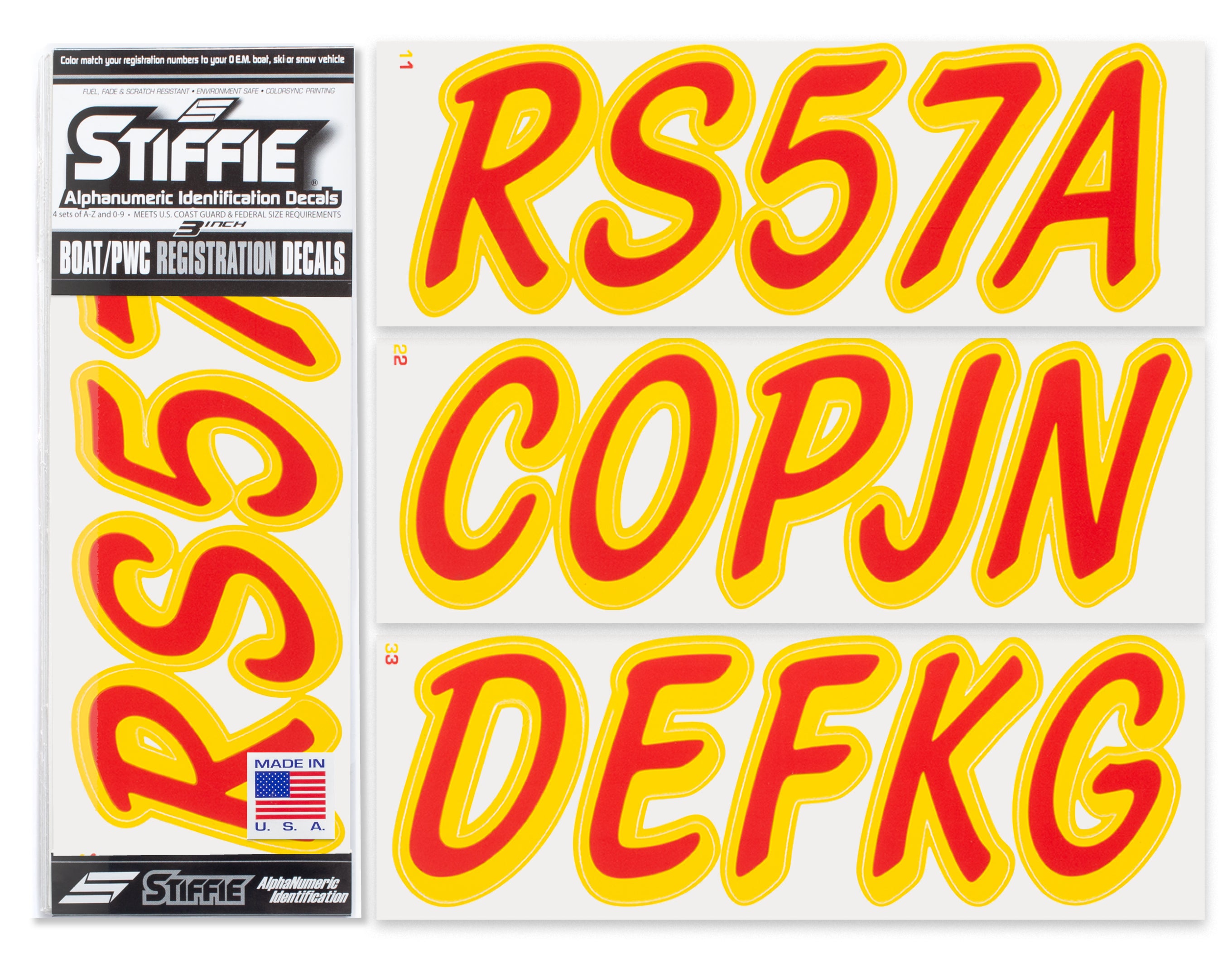 STIFFIE Whipline Solid Red/Yellow 3" Alpha-Numeric Registration Identification Numbers Stickers Decals for Boats & Personal Watercraft
