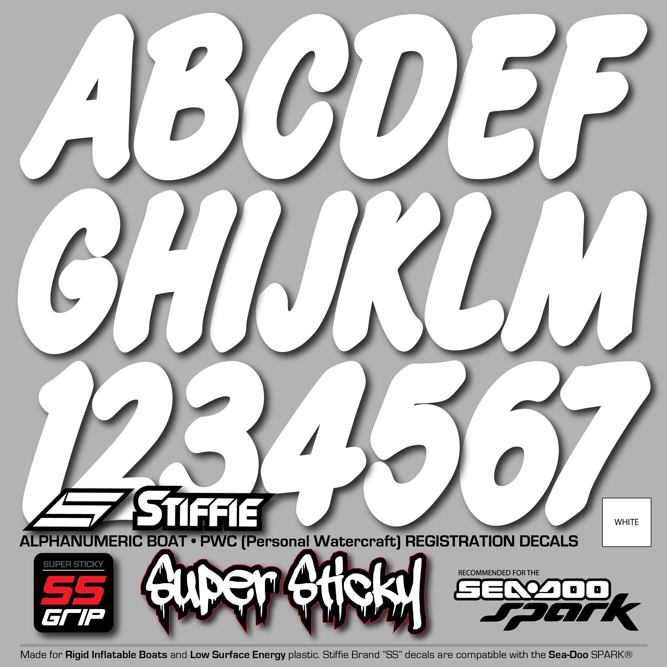 Stiffie Whip-One White Super Sticky 3" Alpha Numeric Registration Identification Numbers Stickers Decals for Sea-Doo Spark, Inflatable Boats, Ribs, Hypalon/PVC, PWC and Boats