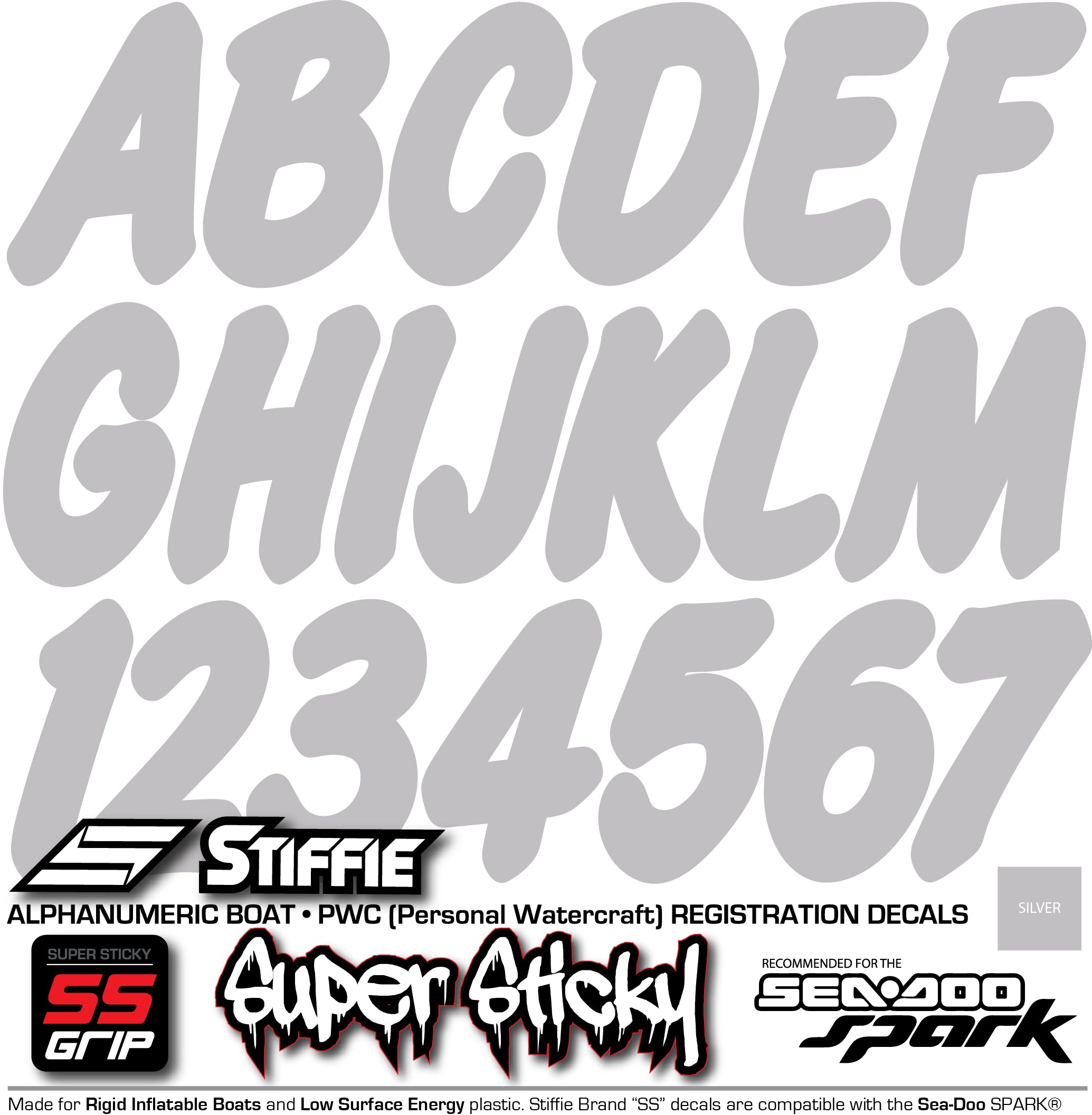 Stiffie Whip-One Silver Super Sticky 3" Alpha Numeric Registration Identification Numbers Stickers Decals for Sea-Doo Spark, Inflatable Boats, Ribs, Hypalon/PVC, PWC and Boats