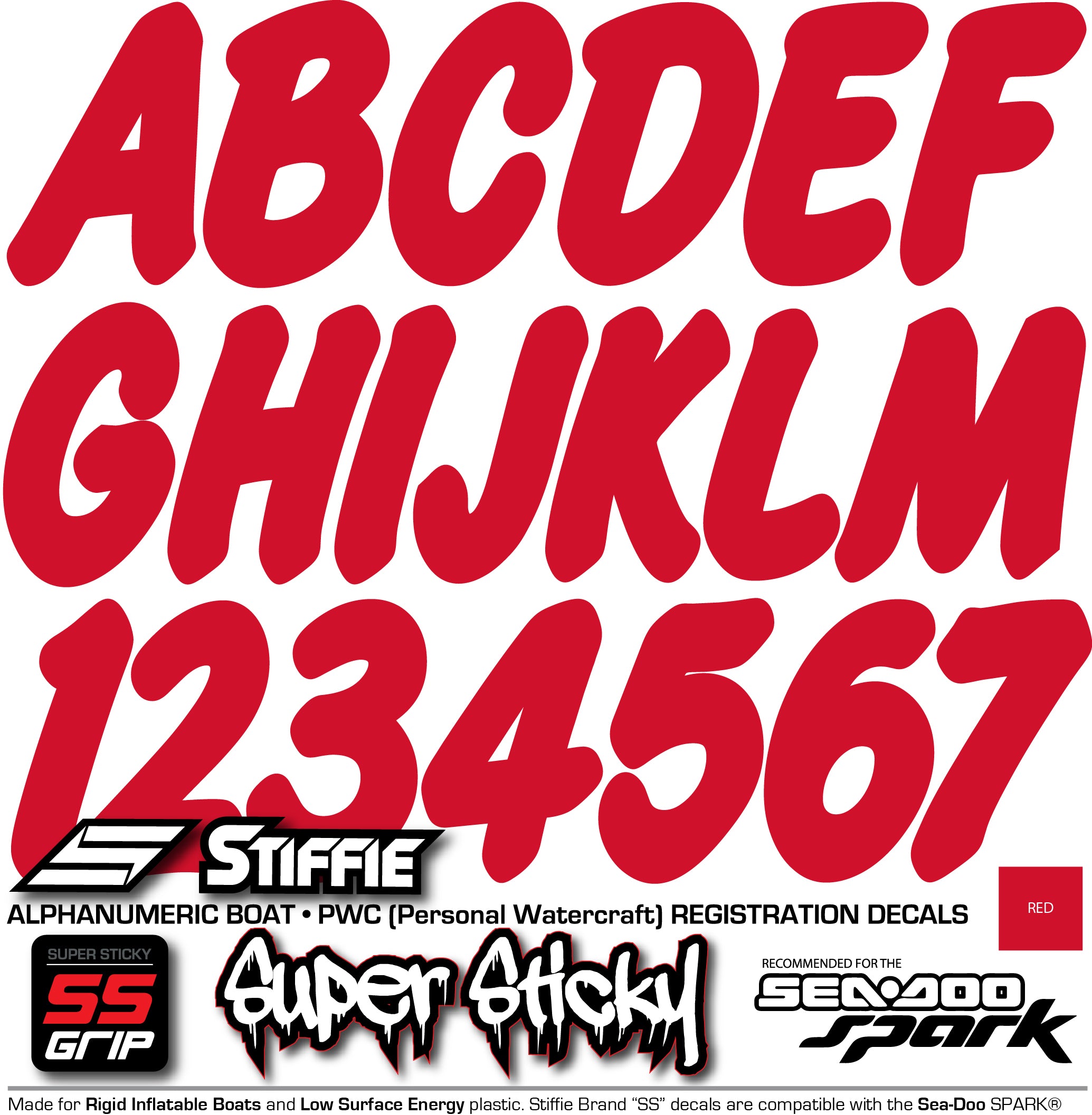 Stiffie Whip-One Red Super Sticky 3" Alpha Numeric Registration Identification Numbers Stickers Decals for Sea-Doo Spark, Inflatable Boats, Ribs, Hypalon/PVC, PWC and Boats
