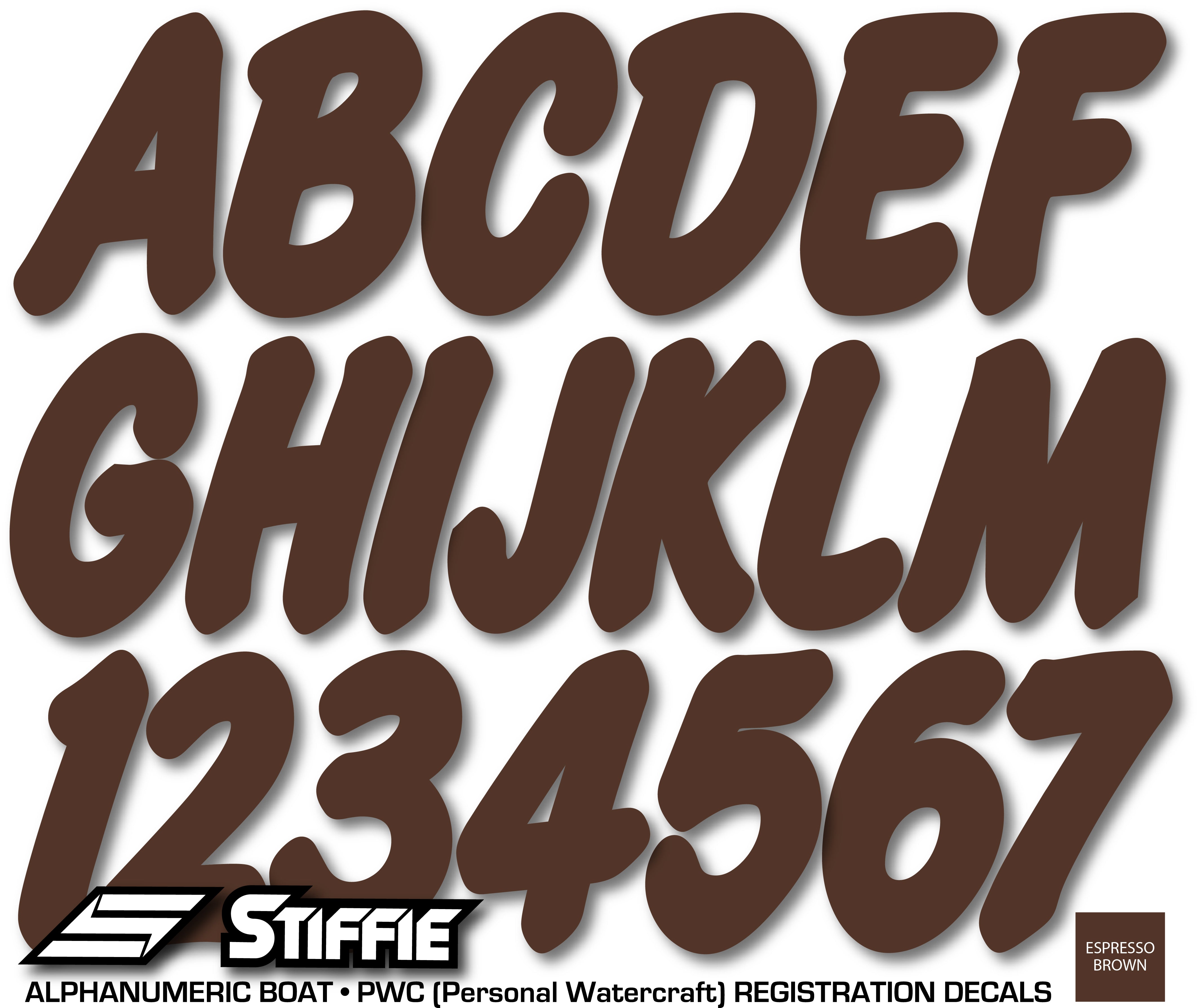 STIFFIE Whip-One Espresso Brown 3" Alpha-Numeric Registration Identification Numbers Stickers Decals for Boats & Personal Watercraft