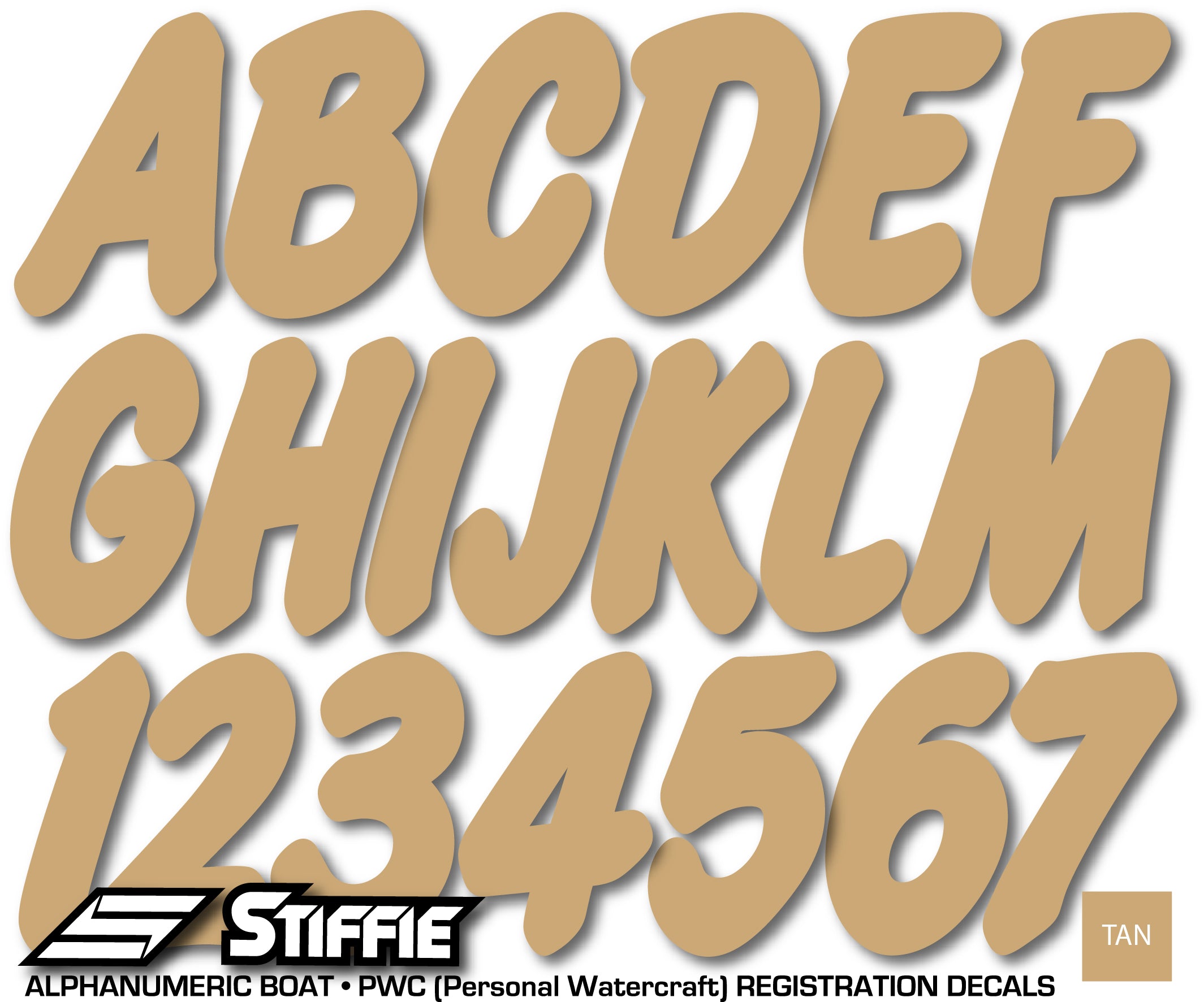 STIFFIE Whip-One Tan 3" Alpha-Numeric Registration Identification Numbers Stickers Decals for Boats & Personal Watercraft