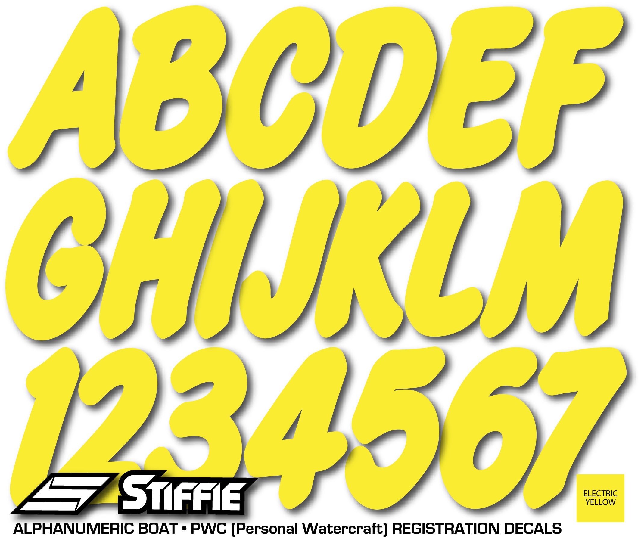 STIFFIE Whip-One Electric Yellow 3" Alpha-Numeric Registration Identification Numbers Stickers Decals for Boats & Personal Watercraft