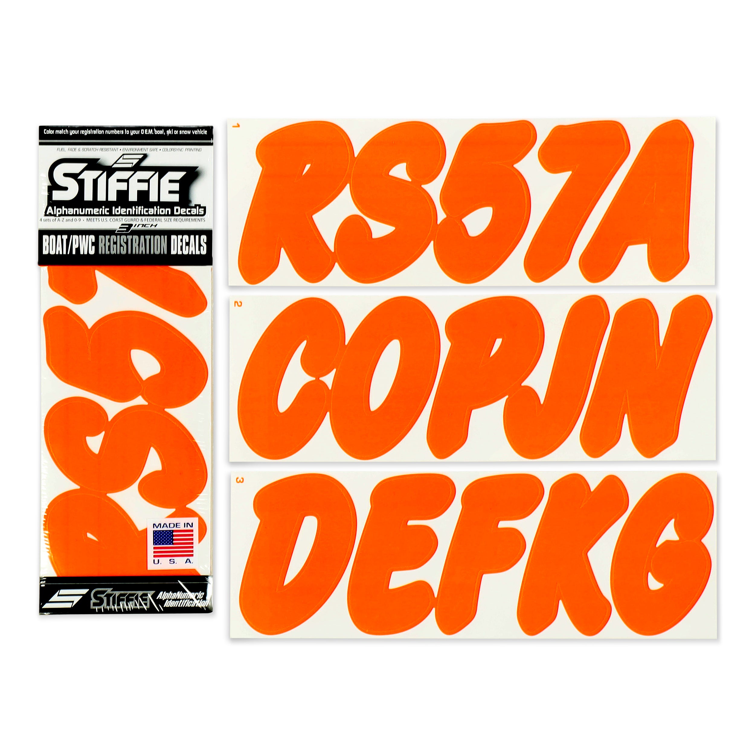 STIFFIE Whip-One Electric Orange 3" Alpha-Numeric Registration Identification Numbers Stickers Decals for Boats & Personal Watercraft