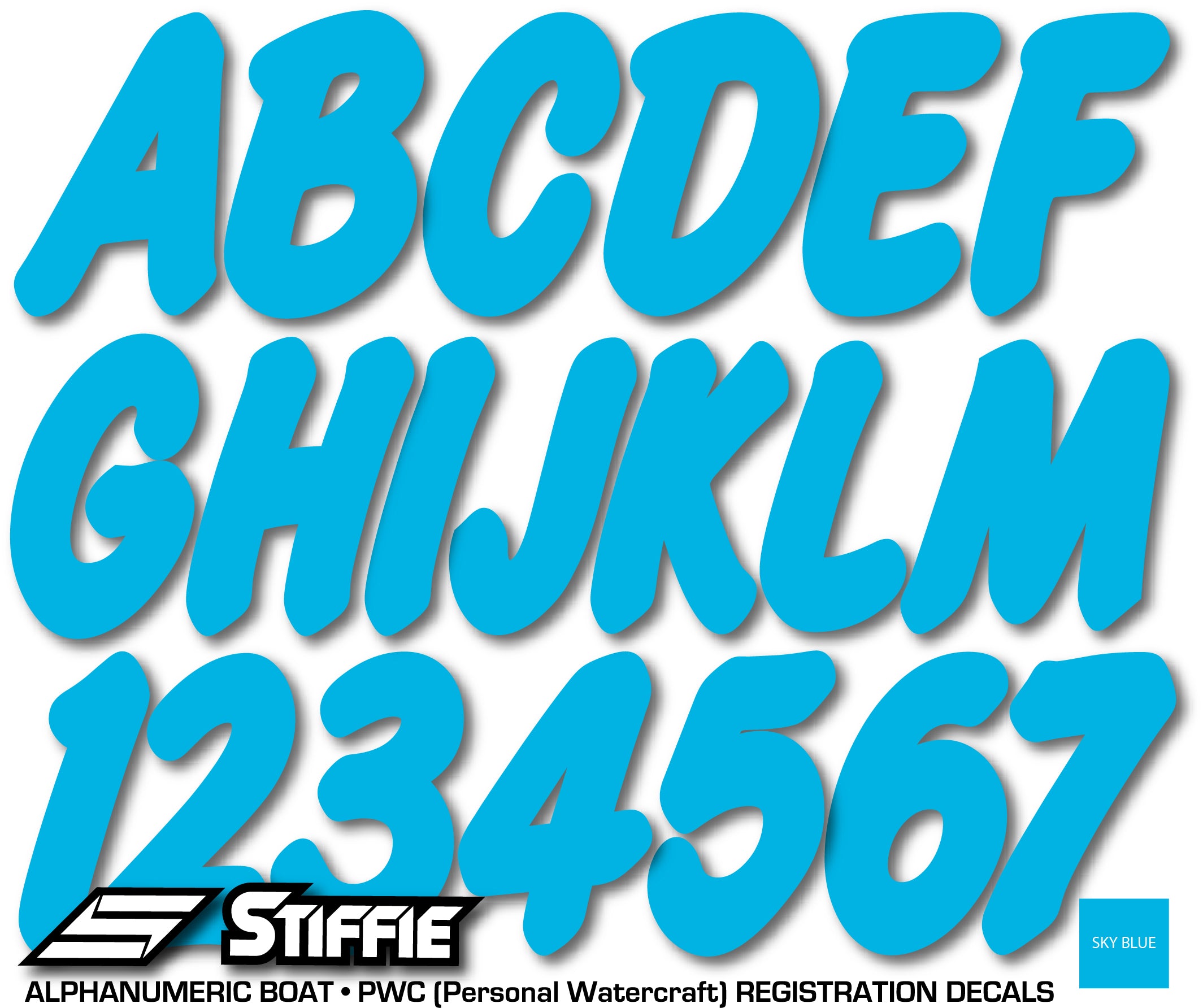 STIFFIE Whip-One Sky Blue 3" Alpha-Numeric Registration Identification Numbers Stickers Decals for Boats & Personal Watercraft